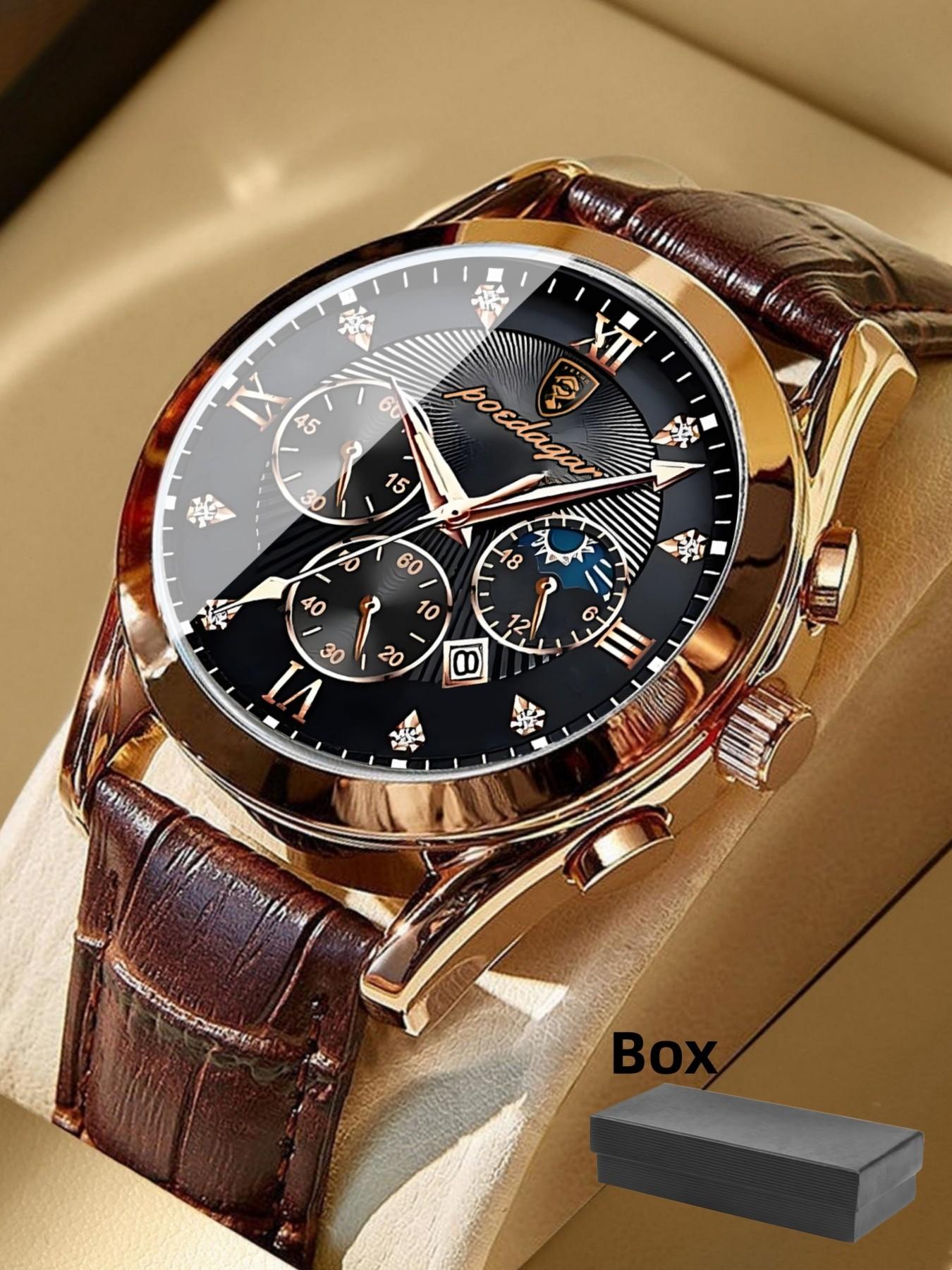 Classic Leather Men's Watch, Business Fashion Watches, Strap, Luminous Analog Watch, Luminous Hands, Calendar Function, Stainless Steel Case, Quartz Movement, Business Style Gift, Quartz Analog Wristwatch detail 1