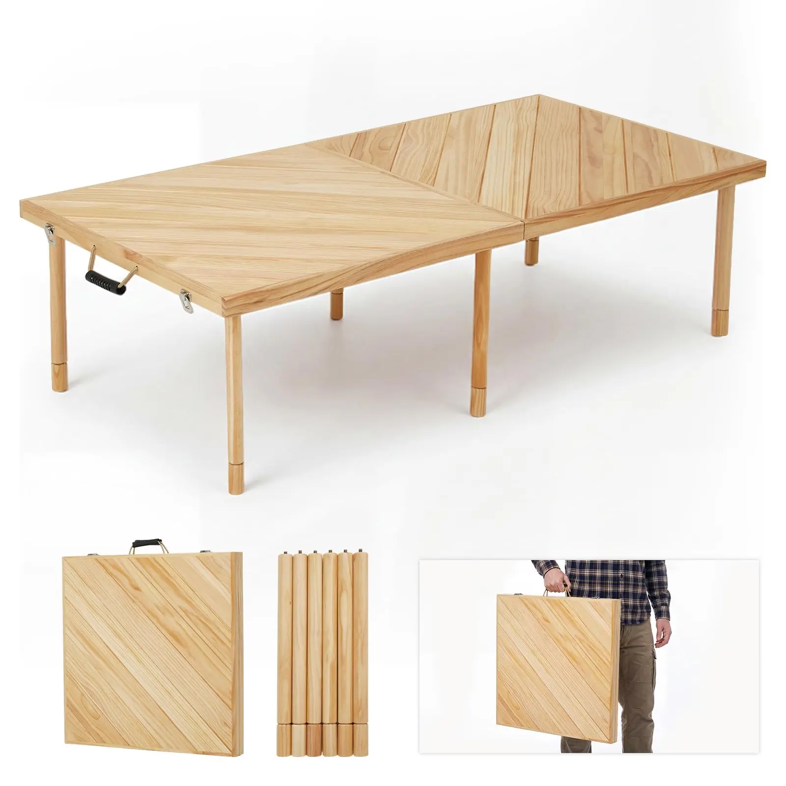 60x30 in Rectangular Wooden Foldable Outdoor Picnic Table - Adjustable Height, Built-in Carry Handles, Lightweight, Sturdy for Camping, Backyard
