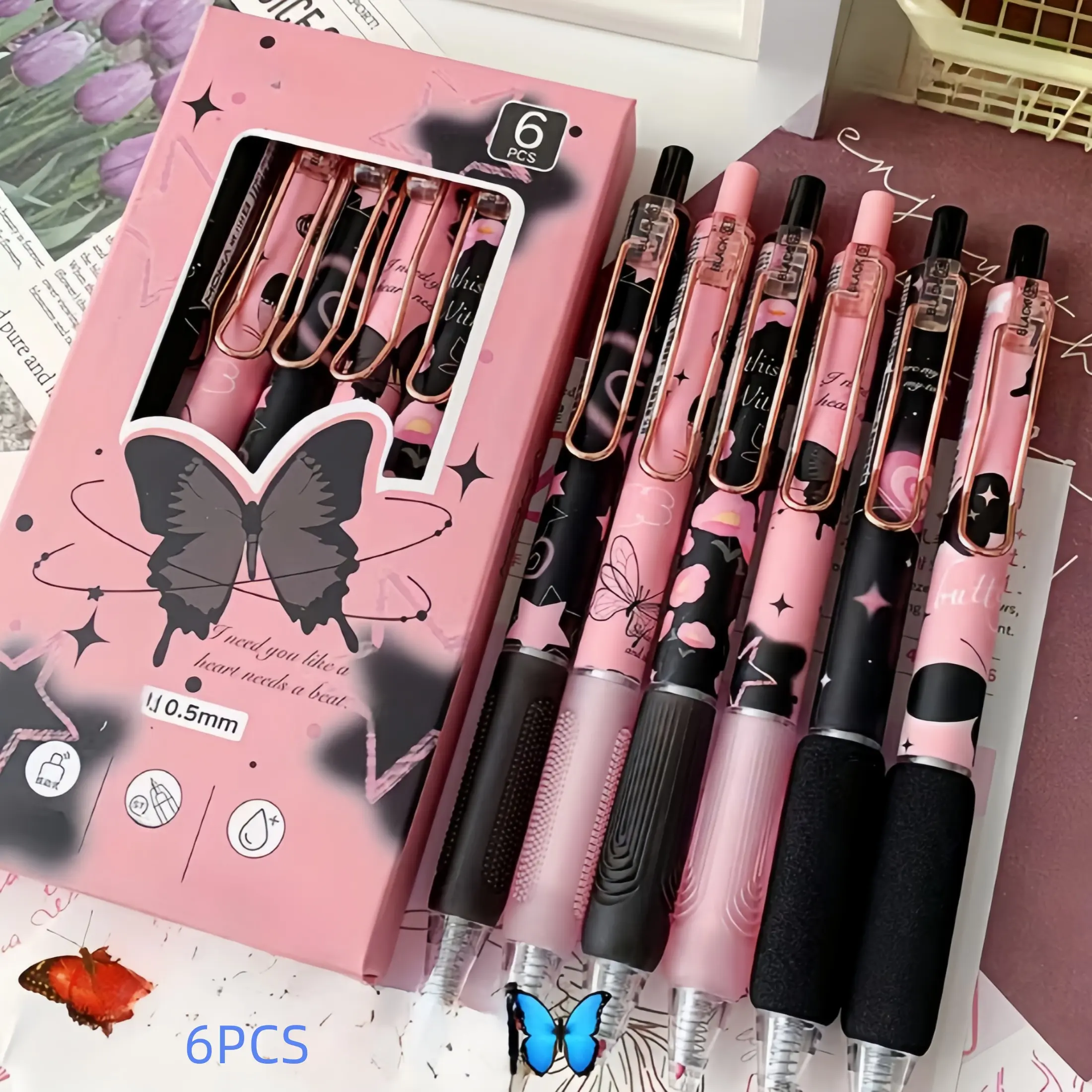 6-Piece Butterfly & Rose Design Retractable Gel Pens, Aesthetic Gel Pens, 0.5mm Fine Point, Smooth Writing Pens, Stationery for School, Office & Home