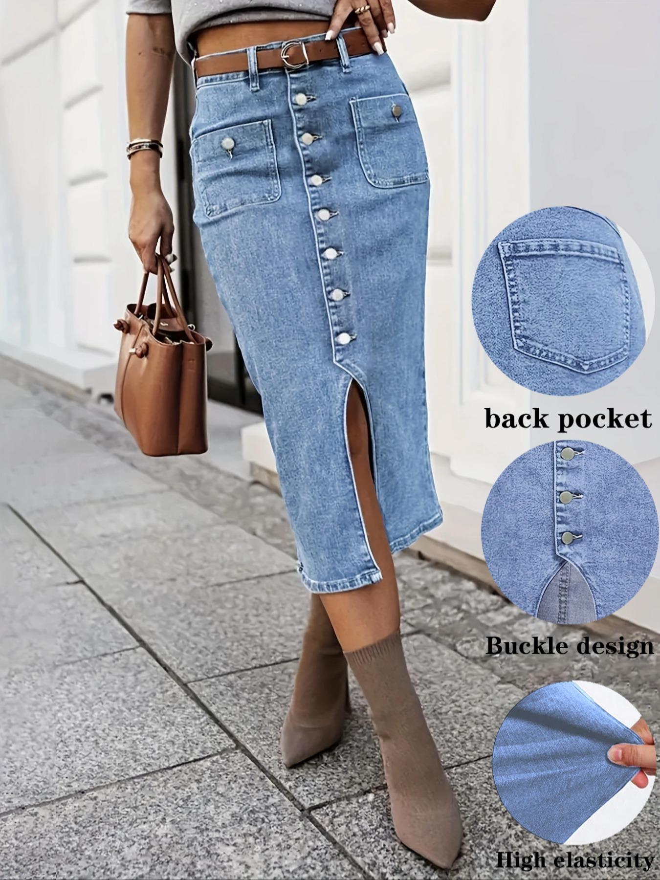 Women's High Elastic Dark Wash Denim Half Skirt with Button Closure, Stylish Casual Wear, Perfect for Daily, Comfortable and Trendy