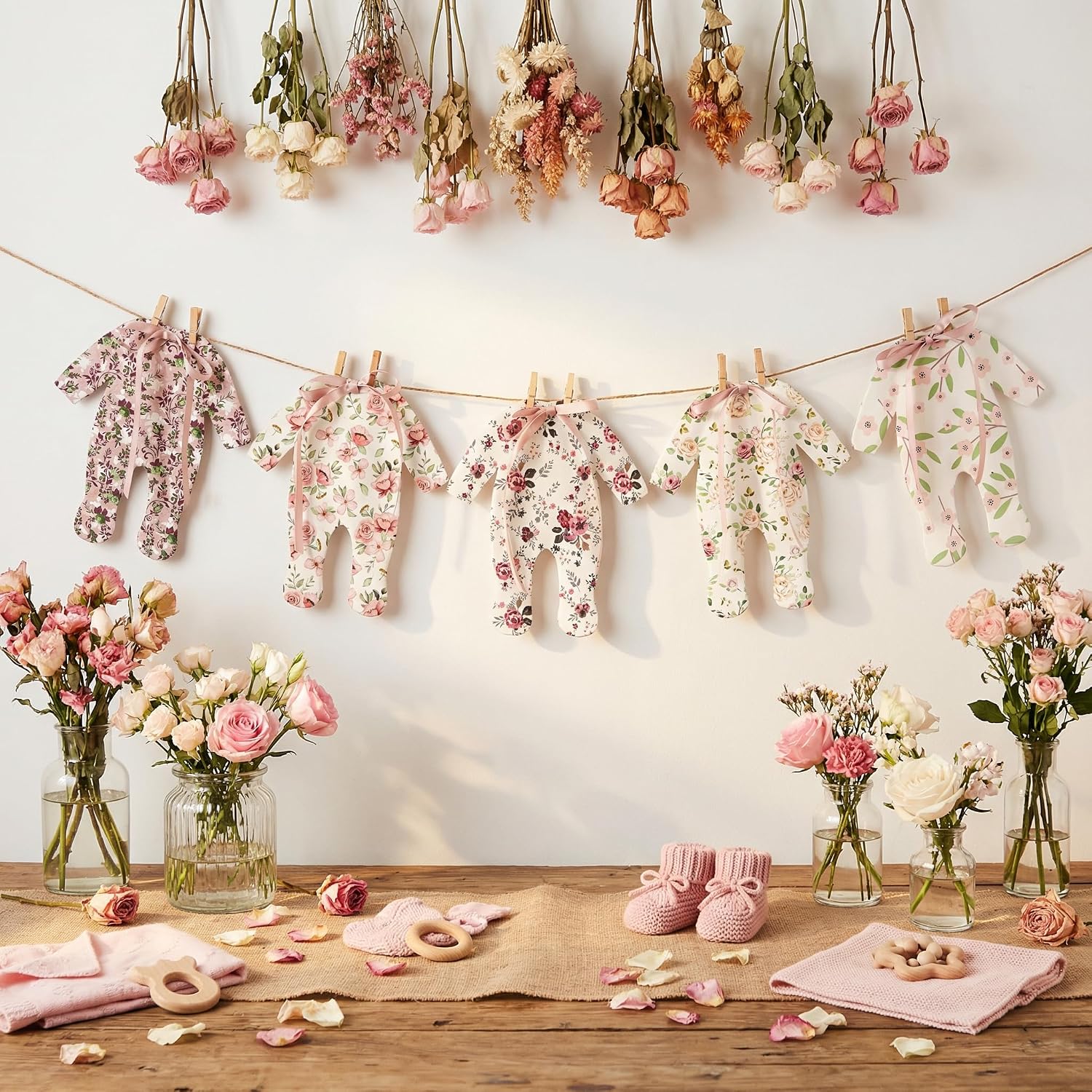 Baby Shower Decorations - Blush Pink Floral Paper Pajama Banner with Ribbon Bows, Shabby Chic Wildflower Garland for Gender Reveal, 10ft Jute Rope Vintage Nursery Wall Decor