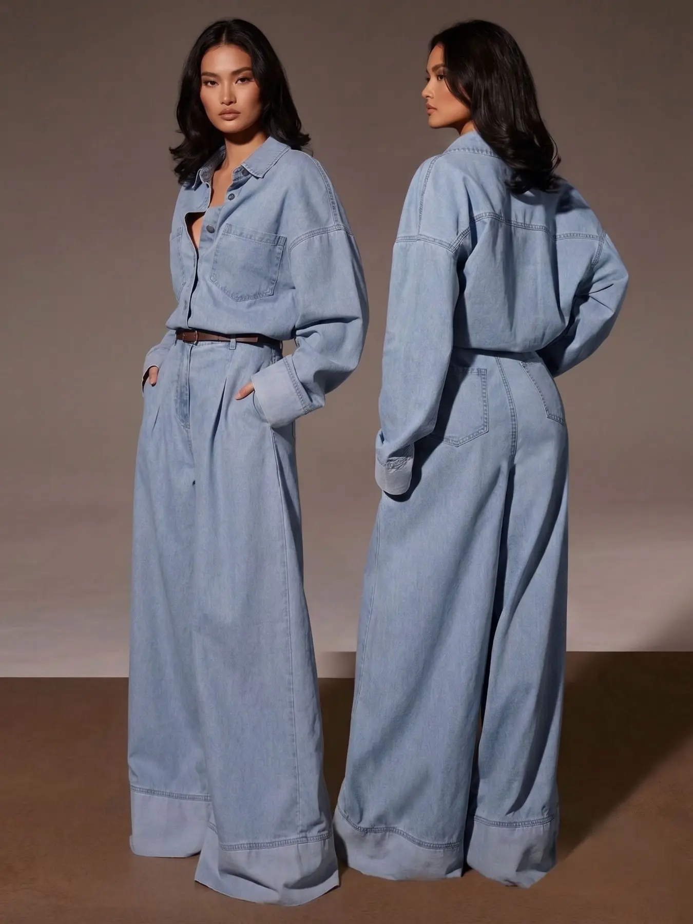 2026 Fall Vintage Light Blue Denim Shirt Jumpsuit Women Oversized High Waist Pleated Wide Leg One Piece Casual Everyday Work Daily Outfit