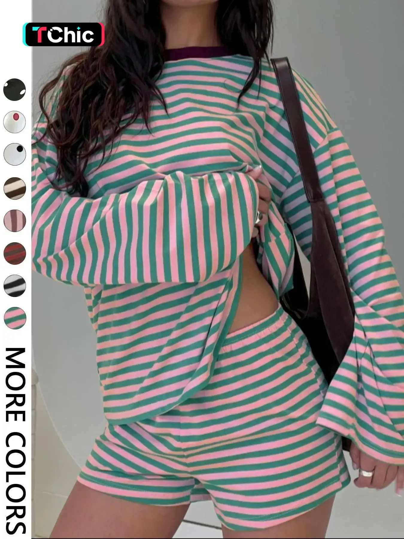 Valentine's Day Women's Casual Style Striped Long Sleeve Top & Shorts Set, Loose Fit, All Season, Comfortable Travel Clothing for Daily Wear