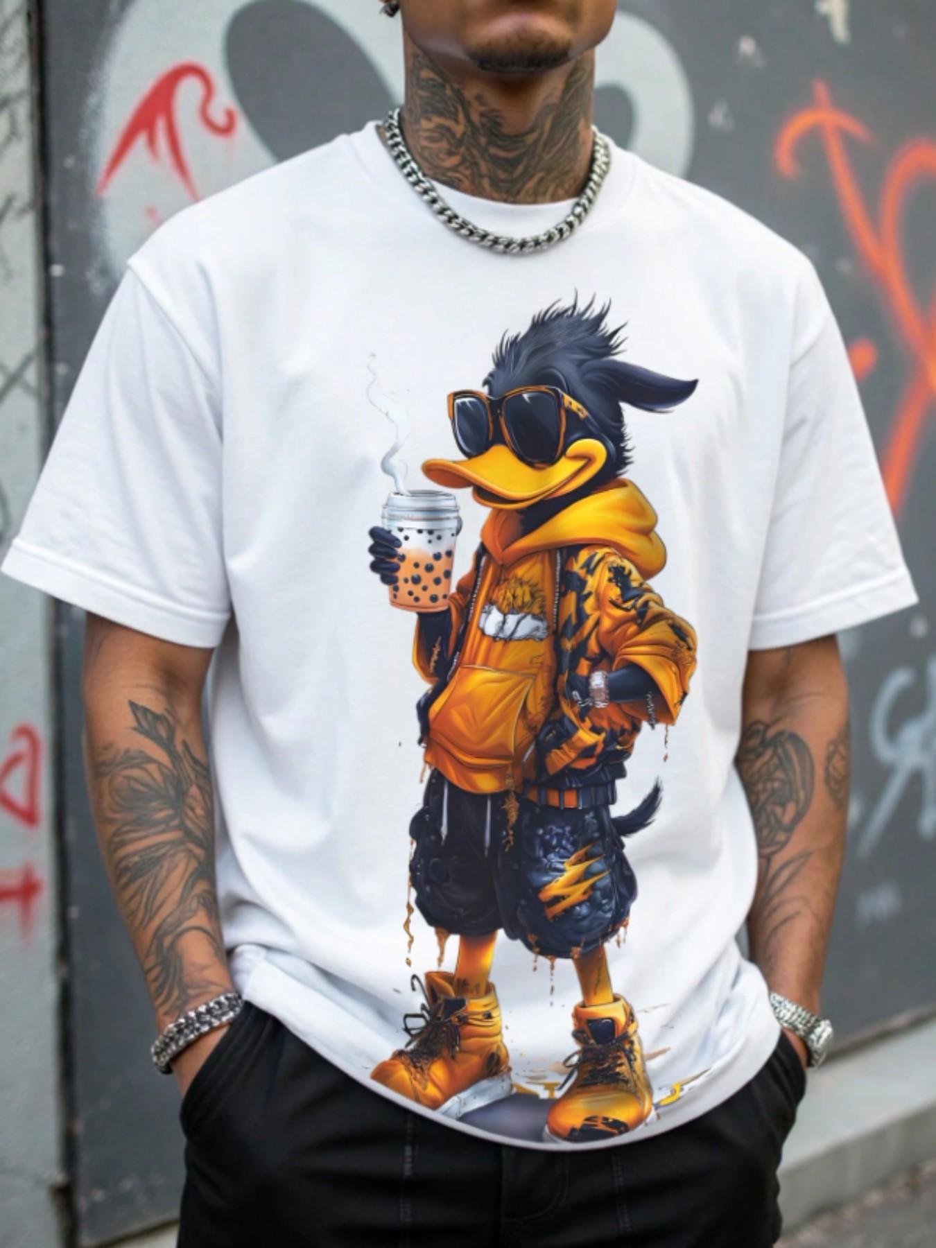 Men's 3D Cartoon Print Round Neck Short Sleeve Casual T-Shirt, Fitted All over Print, Long Clothing, All Seasons Wear