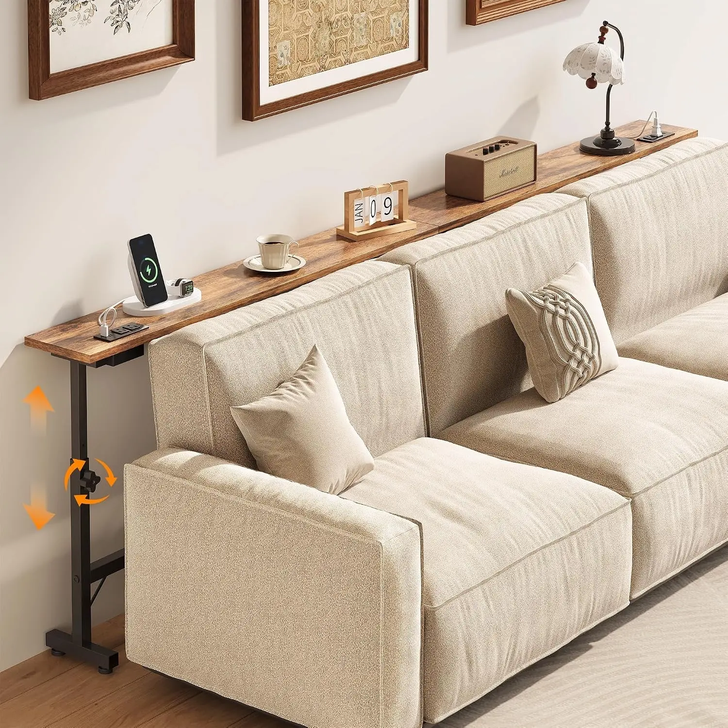 79" Sofa Table Behind Couch Table with Adjustable Height & 2 Power Outlets | 23" to 31" Adjustable Height, Narrow Console Table for Hallway Bedroom Living Room Decor Foyer Furniture Rustic, Brown