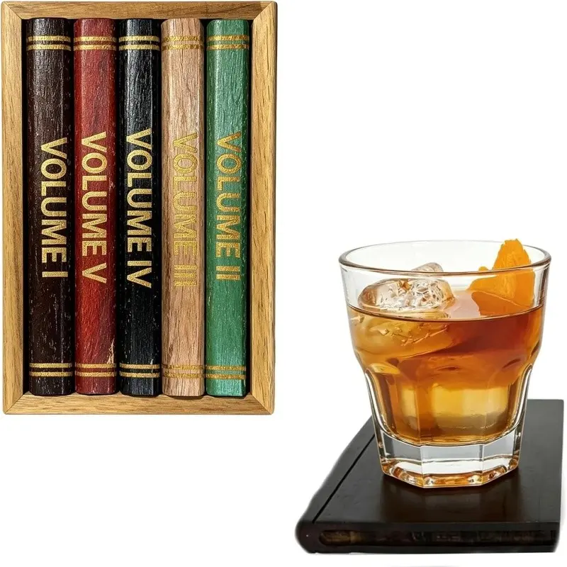 Book Coasters Set of 5 | Wood Coasters - Book-Style Decorative Aesthetic Wooden Coasters for Drinks with Stand | Vintage Novelty Bar Coasters for Coffee, Tea & Cocktail | Unique Library Decor Accent Gift