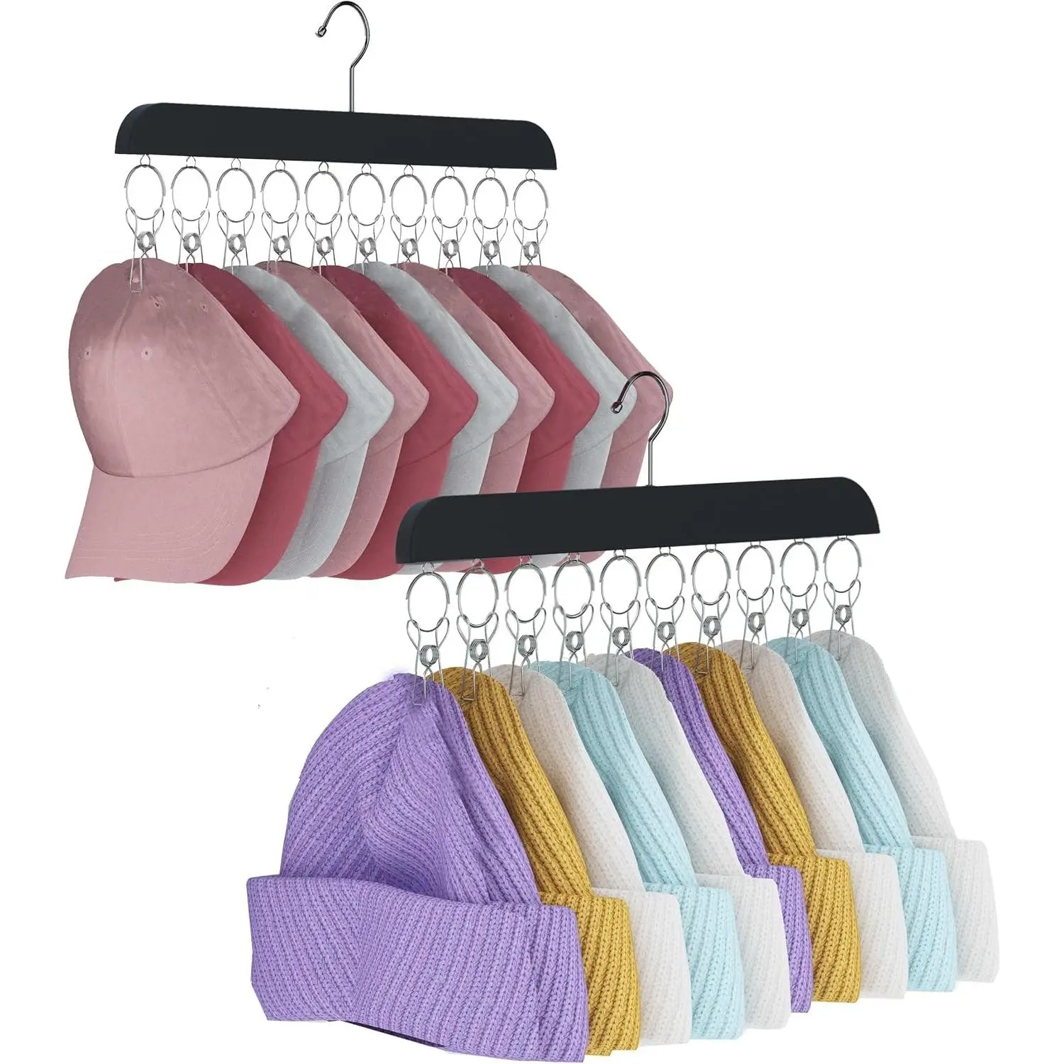2 Pack Hat Hangers for Closet,Beanie Organizer with 10 Hat Clips | Wooden Hat Organizer Hanger for Saving Space,Closet Cap Storage Hat Organizer for Baseball Caps,Skullies,Beanies(Black)