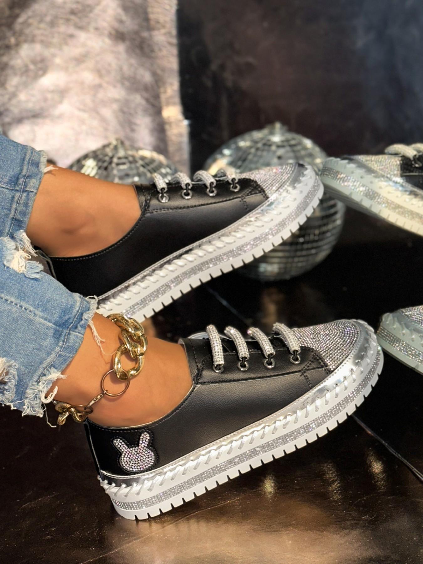 YYW1 Shiny Silver Color Sequins Casual Shoes Footwear Women, Lace-Up Chunky Sole Canvas Sneakers, Perfect Dating and Shopping, Walking Shoes