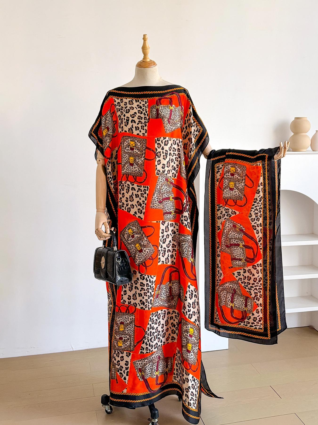 Women's Leopard Print Long Sleeve Kimono & Scarf Set, Casual Open Front Outerwear & Shawl, Ladies Clothes for Beach Vacation, Beach Swimsuit Cover, Womenswear, Leopard Pattern