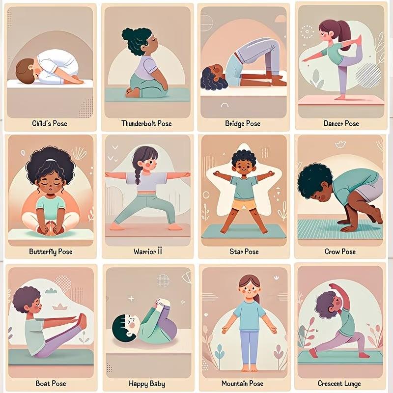 24 Yoga Pose Cards, Fun Cartoon Yoga Flashcards, Rounded Corners, Colorful Print, Ideal for Yoga Classes, Home Education, School