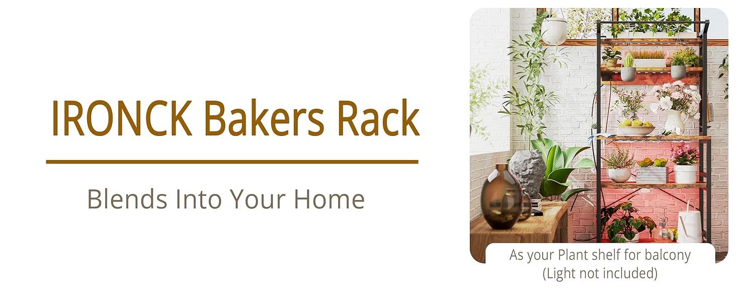 IRONCK Bakers Rack with Power Outlet, Microwave Stand with Storage, Coffee bar with 9 Hooks, 5 Tier Large Storage Capacity and Strong Metal Material for Kitchen, Vintage Brown Easy to Assemble