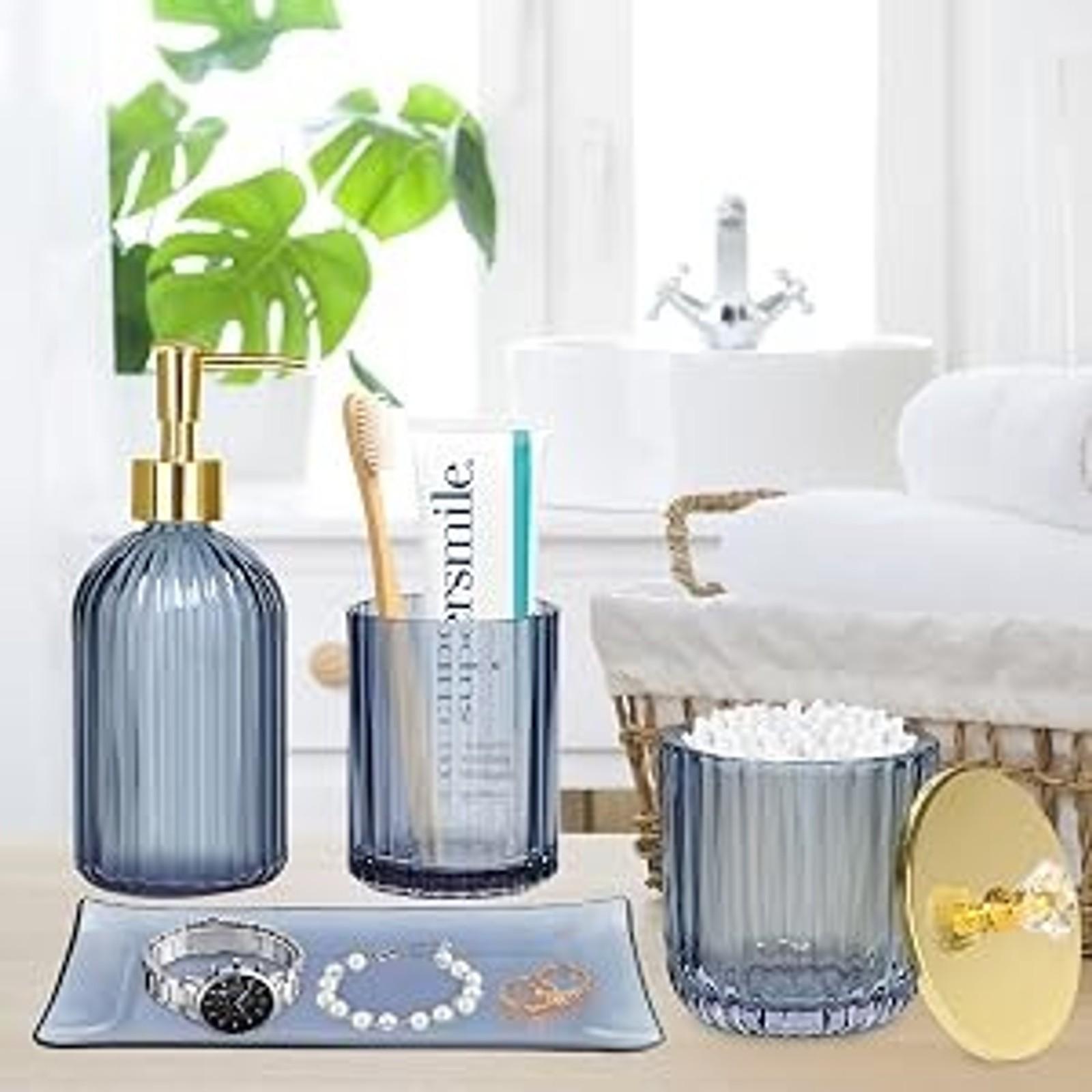Glass Bathroom Accessories Set, Blue 4-Piece Bathroom Set Glass Bathroom Accessories Set, Blue 4-Piece Bathroom Set