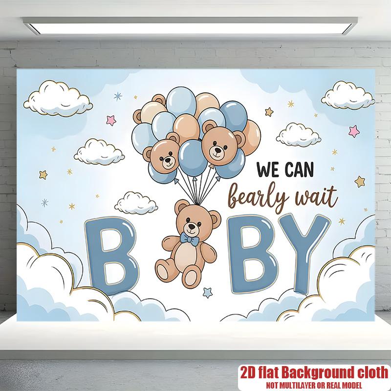 2D Flat, 1pc Adorable Bear & Balloon Shower "We Can Barely Wait"  Banner - Cute Bear Cub with Balloons Wall Decor, Party Background, Clear HD Print Polyester banner