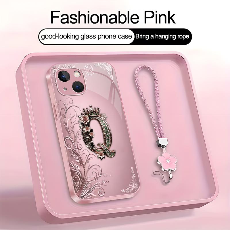 Crown Floral Art 26 letter Phone Case, Suitable for [iPhone 15 Plus] high-end women's, Lanyard a beautiful four-leaf clover lanyard is included 952