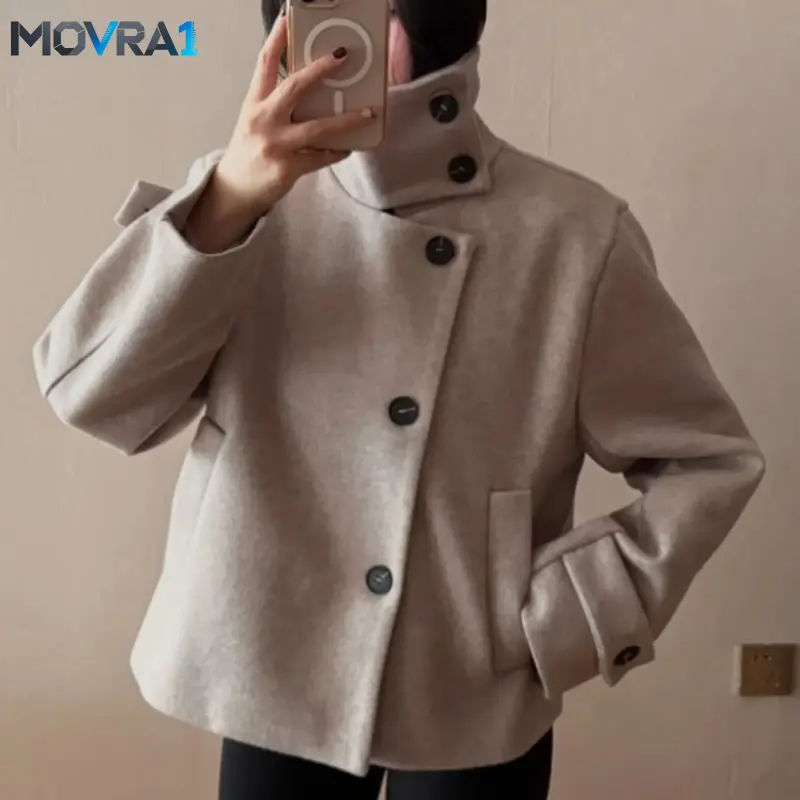 MOVRA1 Female Tweed Jacket Outerwears Women's Cropped Faux Wool Casual Coat Button Long Sleeve New In Jackets Neck Short Coat Demi-Season Female Outerwear
