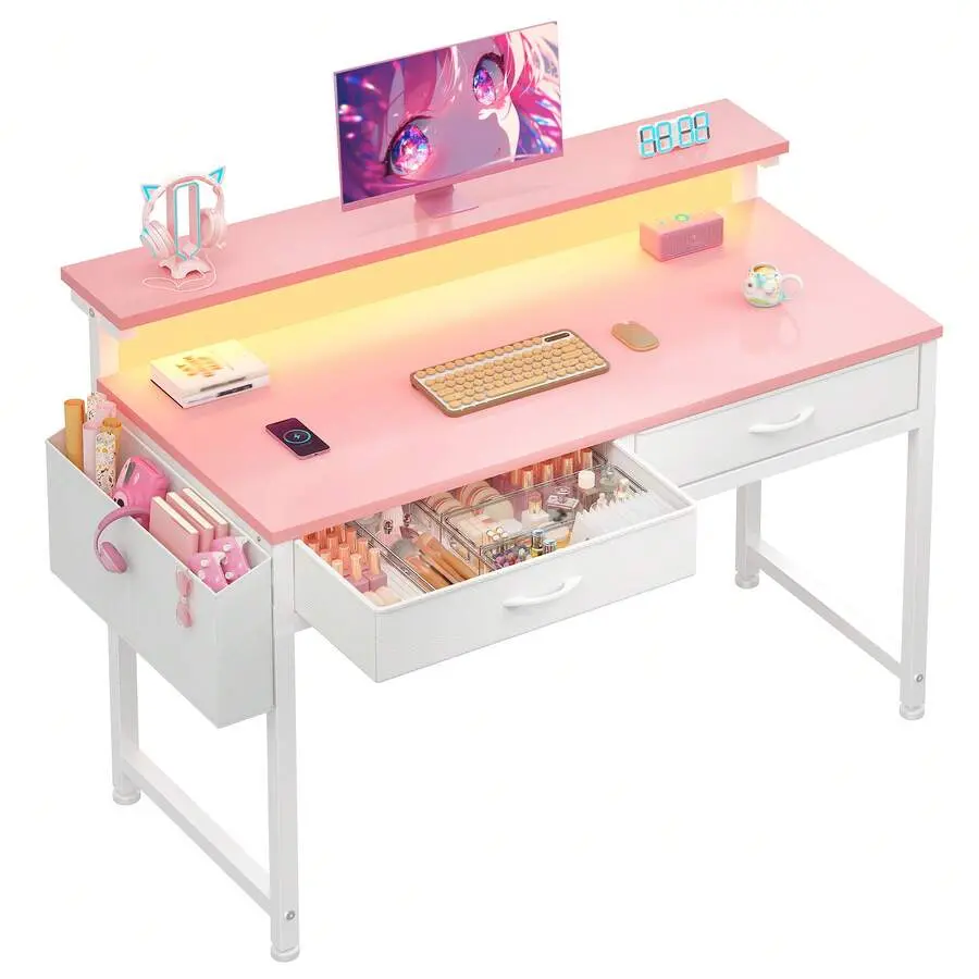 39.4"W Pink Computer Desk With LED Strip Lights & Ergonomic Monitor Stand,Student Study Desk With 2 Fabric Drawers & Side Pocket For Girl