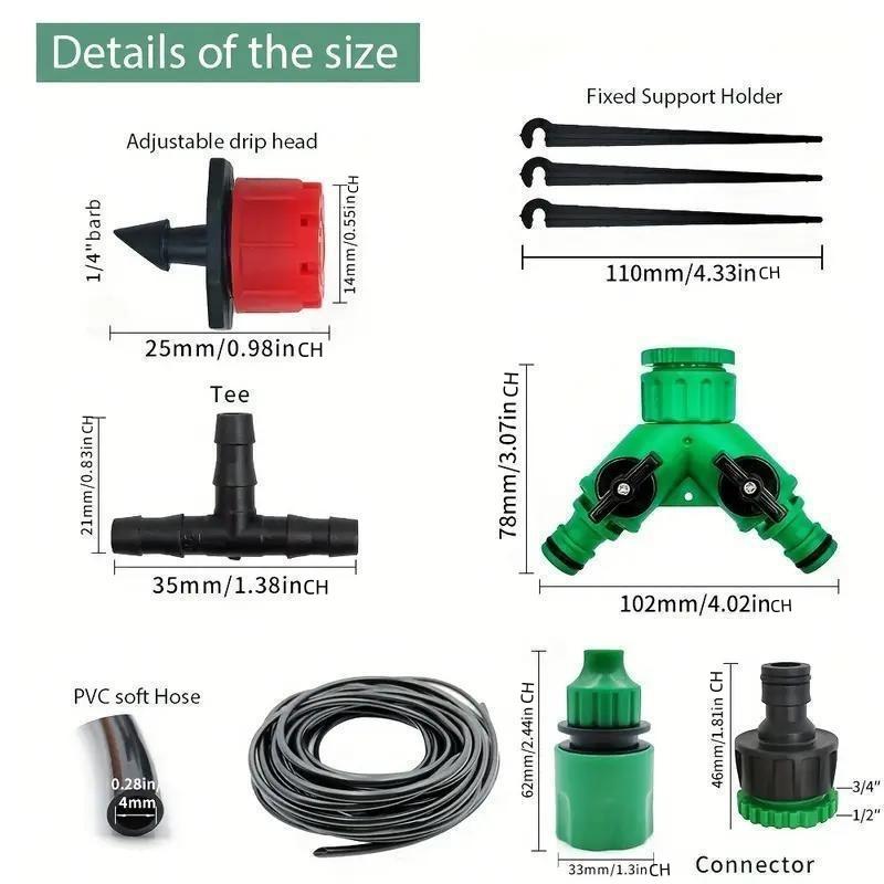 Automatic Drip Irrigation Kit, Micro Drip Irrigation System, Adjustable Drippers, Universal Thread Connectors, No Power Required