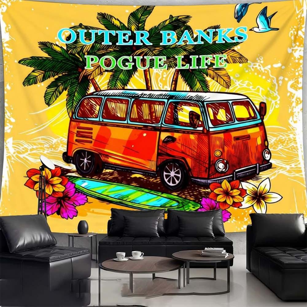 1PC colorful tropical themed wall hanging for living rooms bedrooms and events retro van and palm tree design great for celebrations and gatherings festive atmosphere enhancement lightweight decorative fabric for home holidays parties