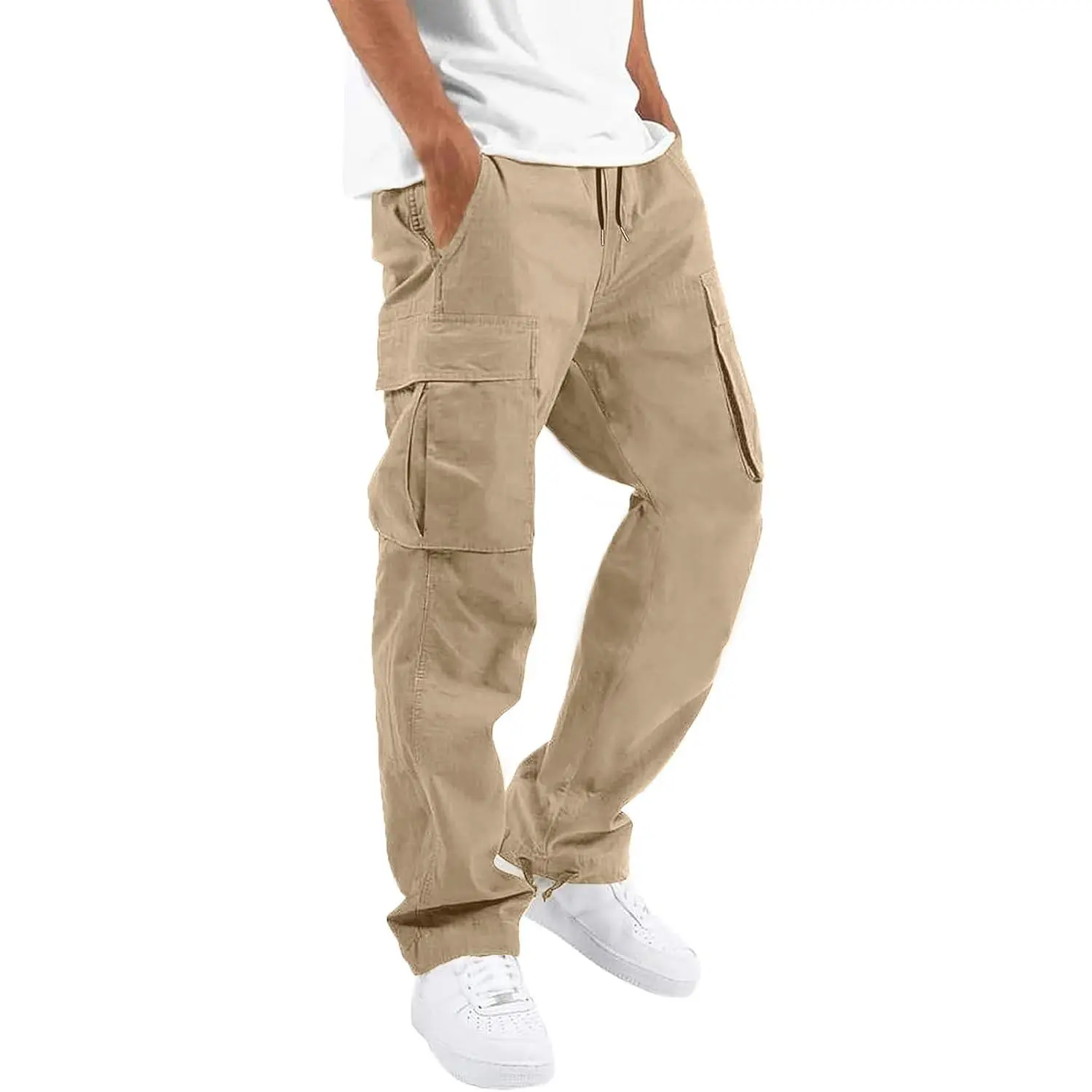 HUNGSON Mens Cargo Pants Drawstring Casual Hiking Pants Joggers Athletic Trousers Cotton Loose Straight Sweatpants for Men sohochic Menswear Beige