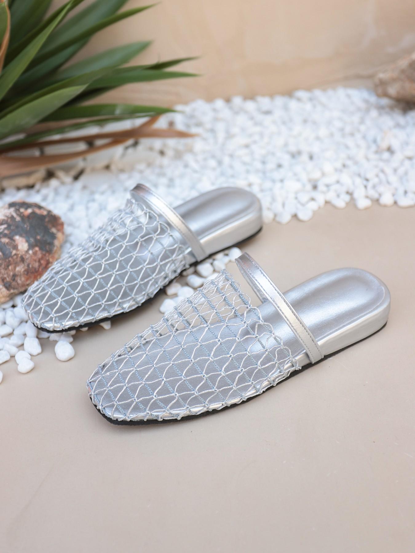 New European and American style bottom strap fishing net flat sandals, Roman shoes new hollowed out comfortable beach sandals, fashionable thick soled half slippers for women Unique Sandals