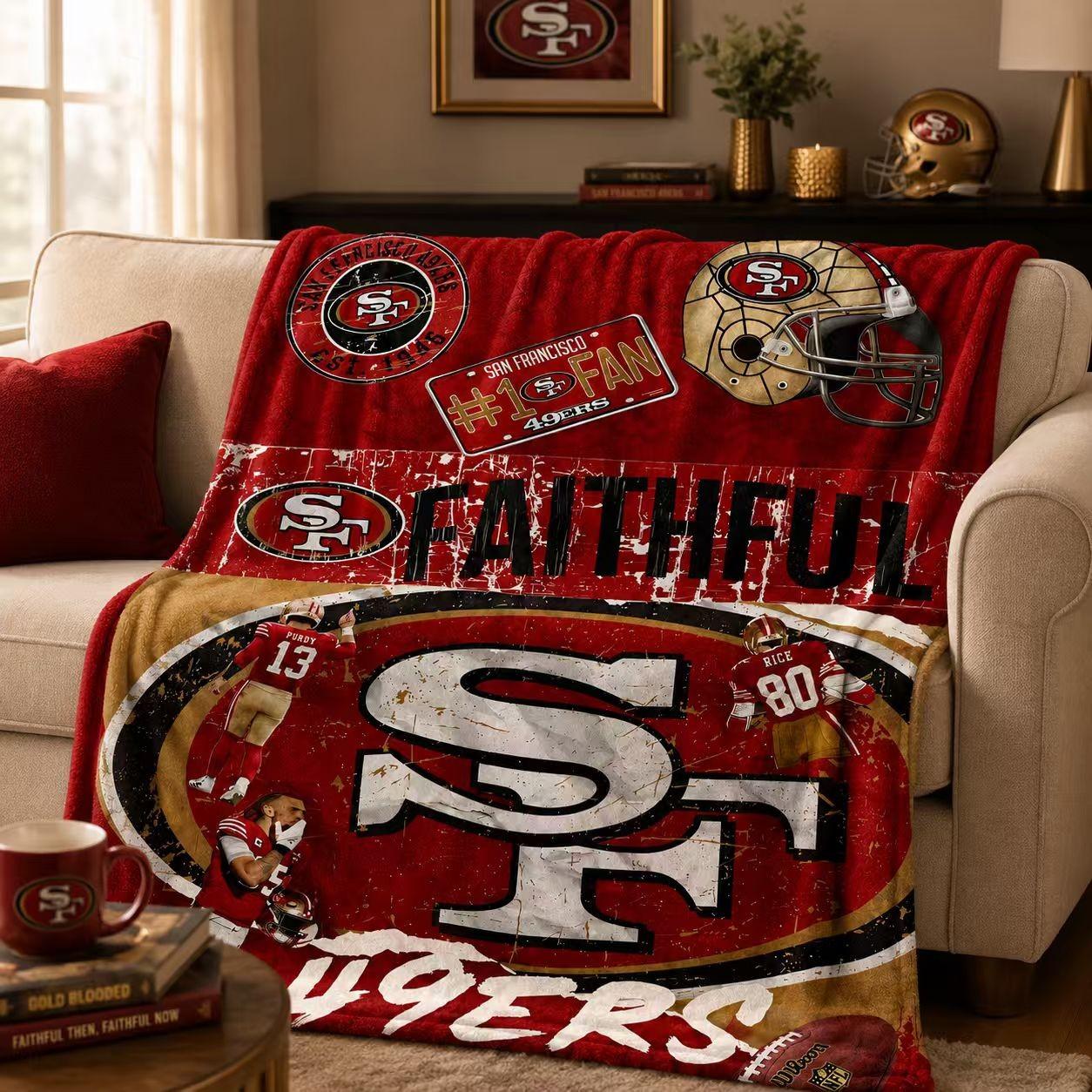 San Francisco 49ers Flannel Blanket, Vintage Texture Team Logo, Thick Soft Anti-Pilling Washable, All-Season Adult Throw, Gift for Football Fans