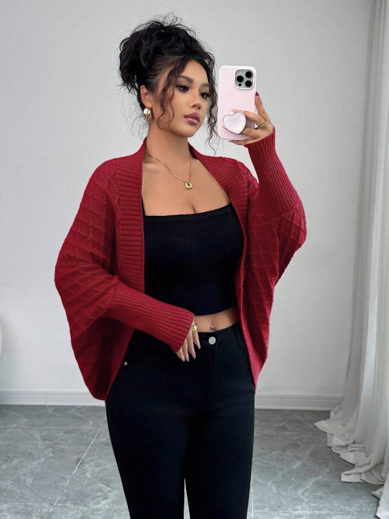 Fall and Winter Basic Casual Everyday Bat-Wing Slihouette Knit Sweater Vintage Mid-Length Cardigan Office