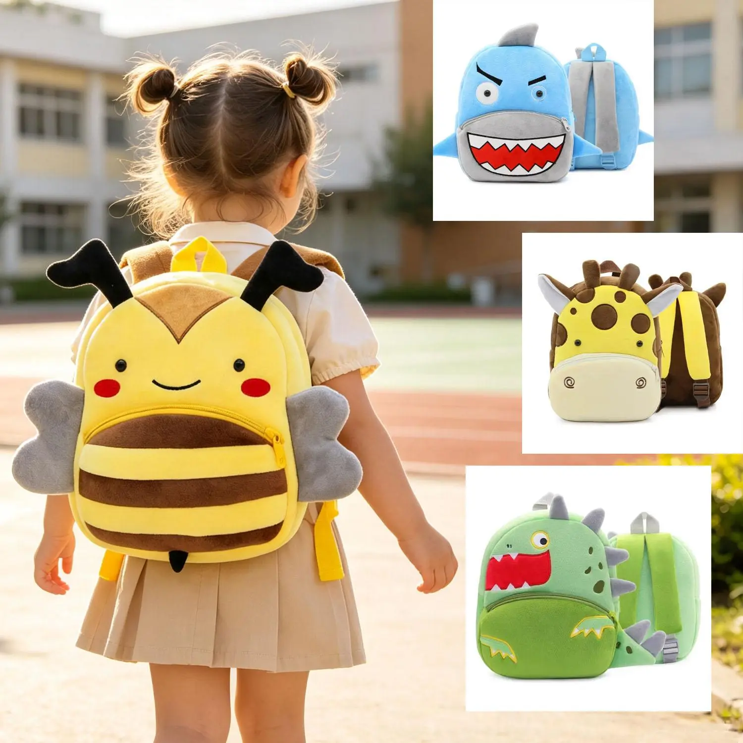 Cute 3D Animal Plush Toddler Backpack, Soft Cartoon Mini Preschool School Bag, Bee Shark Dinosaur Chicken Lion Zoo Kids Backpack for Boys Girls Daycare Travel