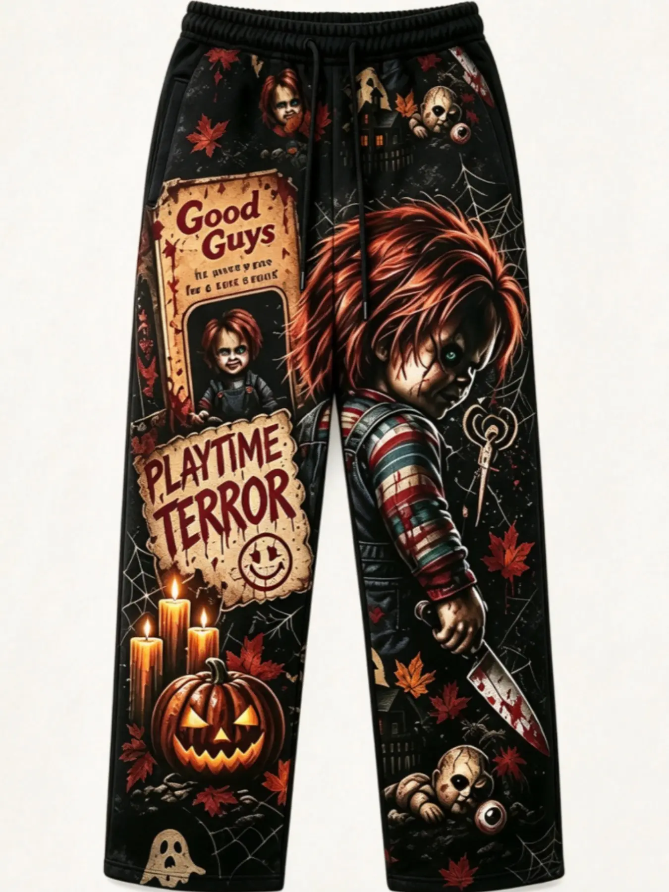 Men's Halloween Horror Doll All over Print Wide Leg Sweatpants, Gothic Pumpkin Candle Spider Web Graphic, Loose Drawstring Casual Trousers