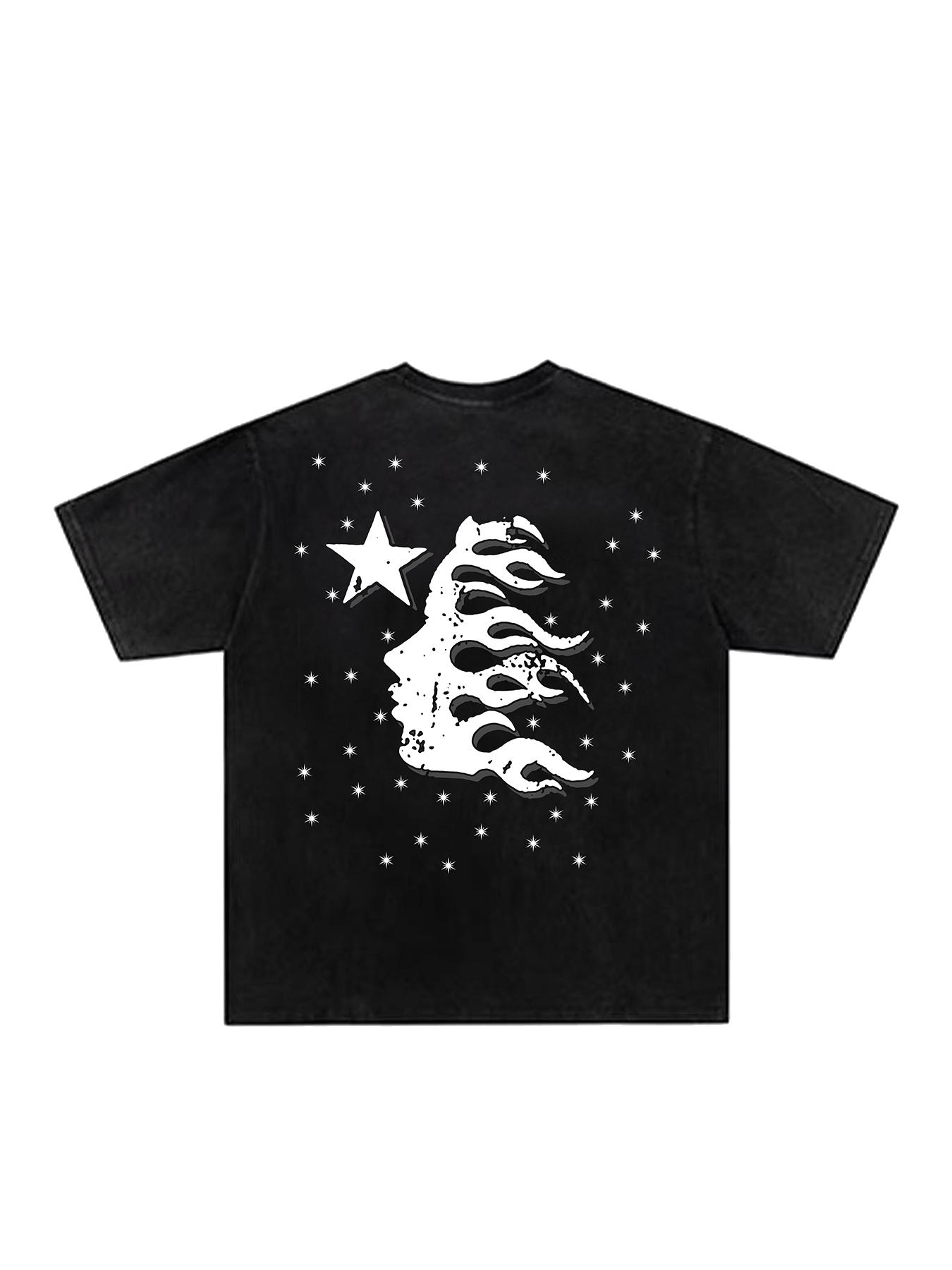 Men's American Vintage Streetwear T-Shirt, Washed Distressed Tie-Dye, Flame, Letters & Stars Print, Summer Casual Round‑Neck Short-Sleeve Tee
