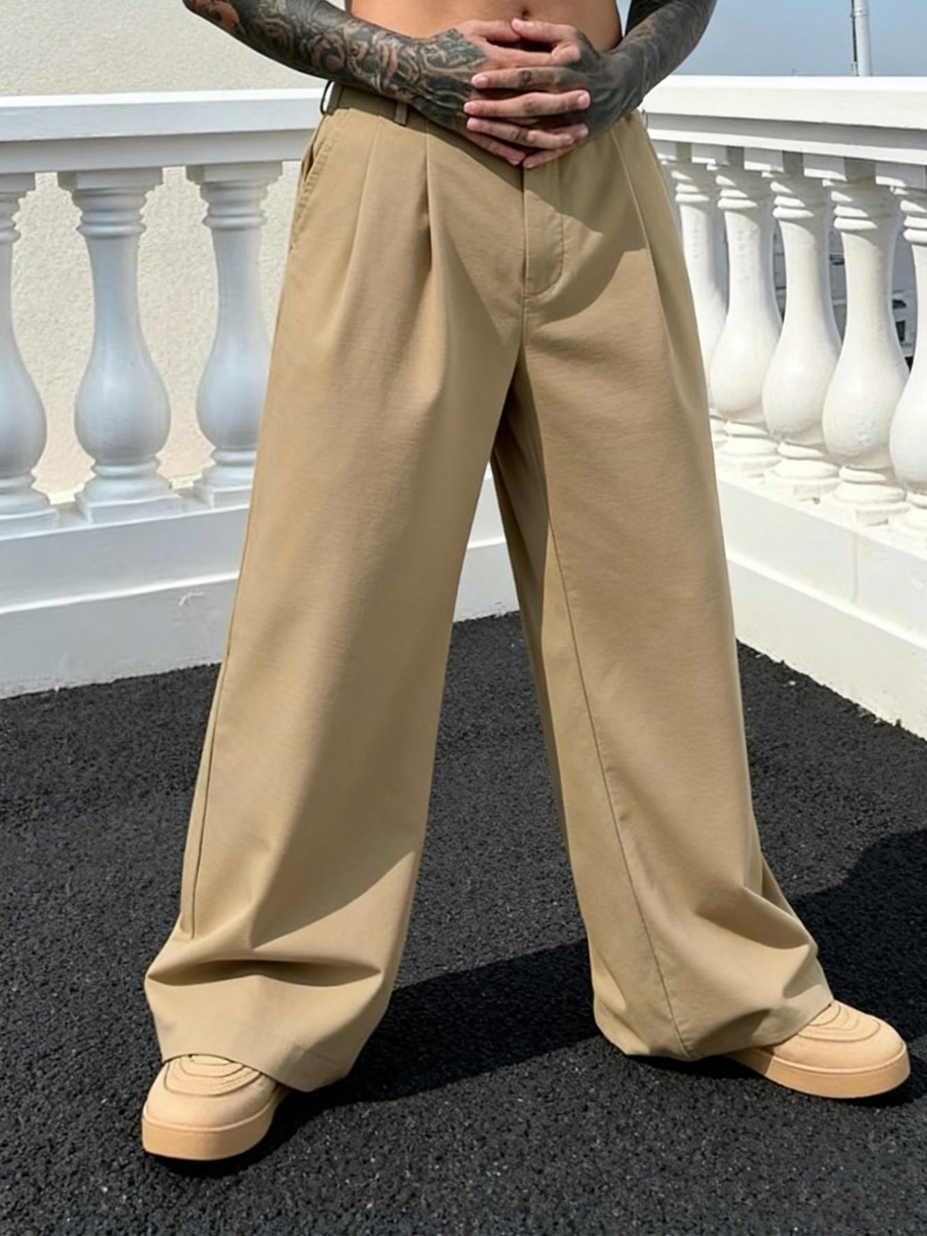 Men's Versatile Solid Color Wide Leg Pants, Unique Button Design, Fitted Style Perfect for Parties and Daily Wear, Casual Fitted Trousers