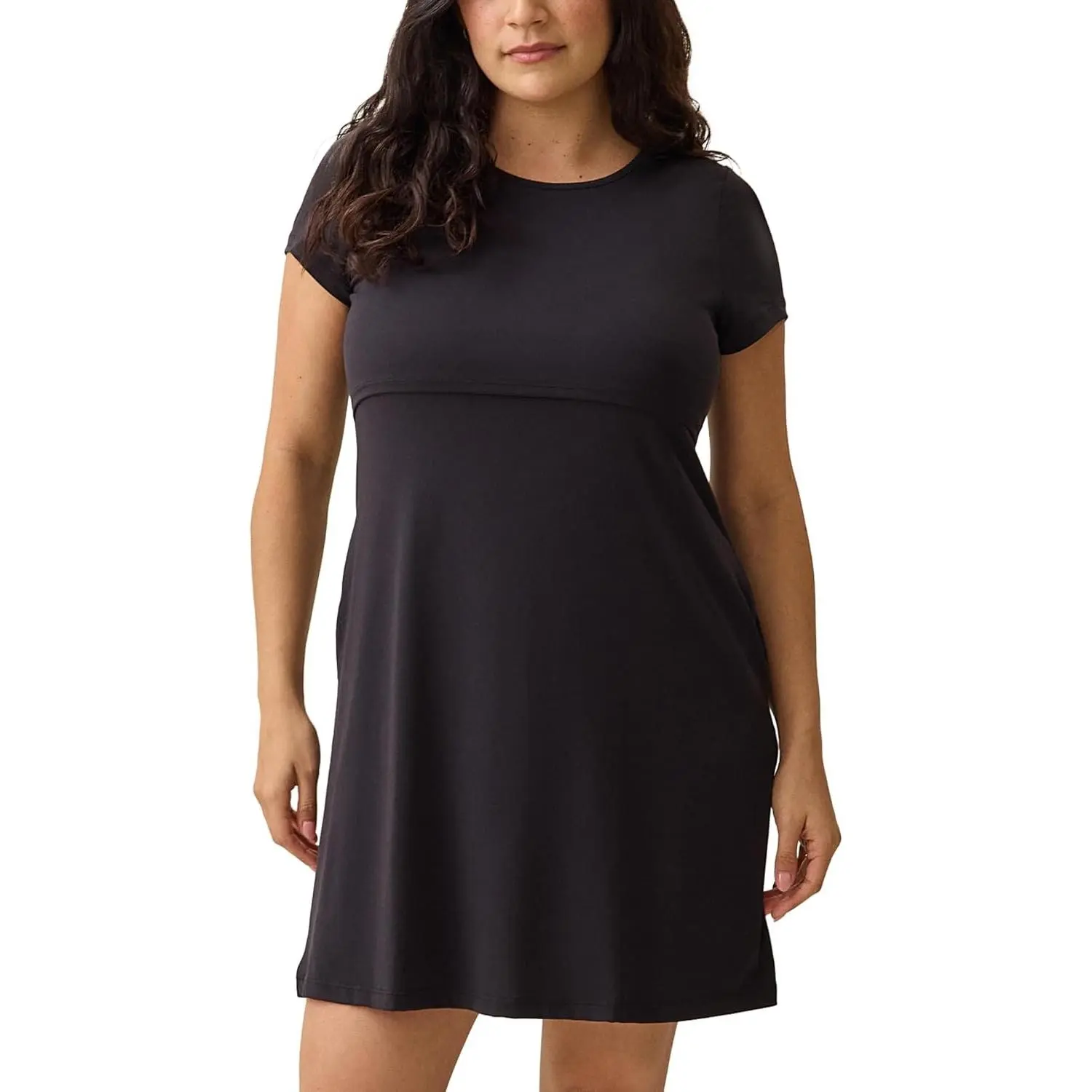 Essentials Maternity and Nursing T Shirt Dress Short Sleeve | Soft stretchy breastfeeding dress with hidden nursing access and pockets. Relaxed comfortable fit for pregnancy to postpartum