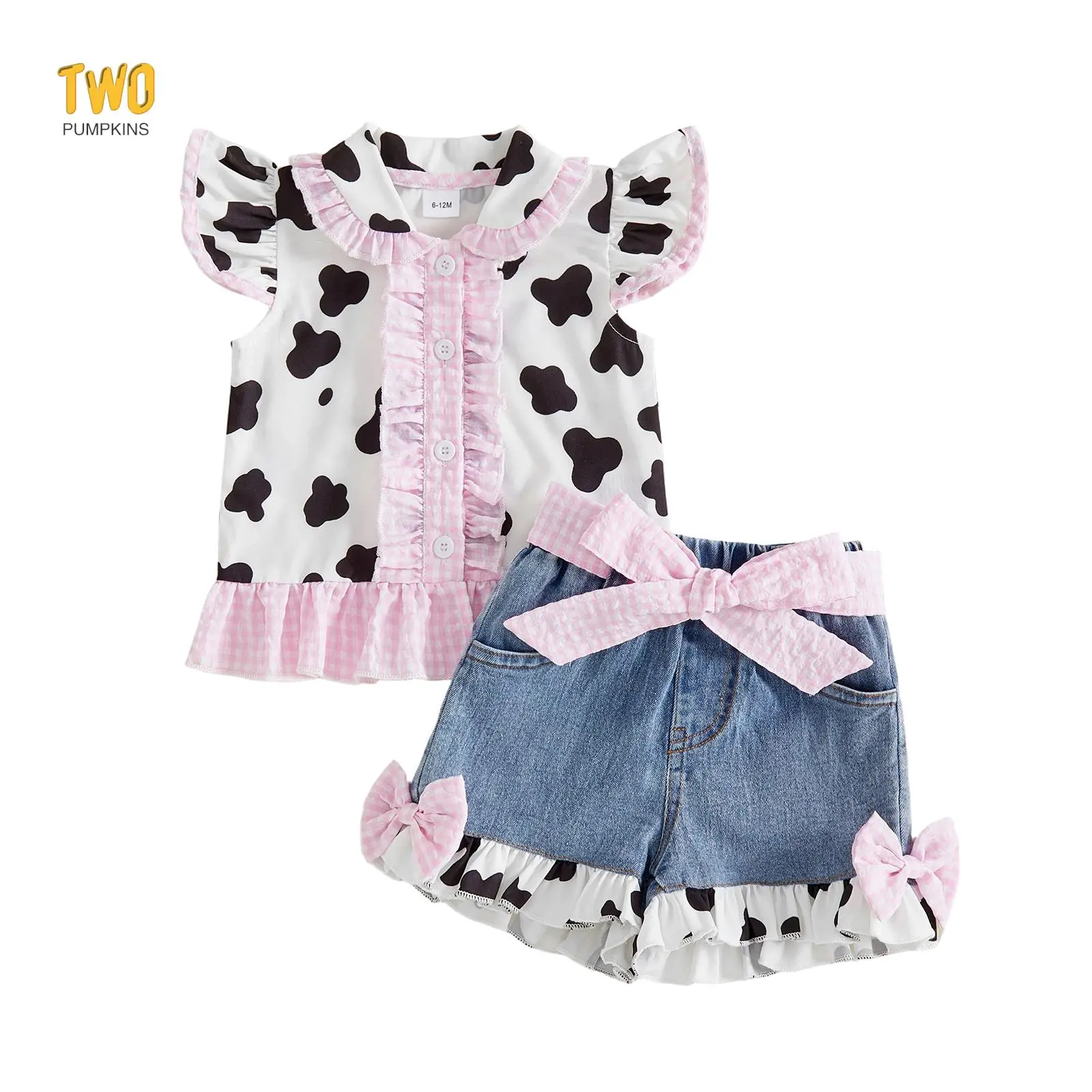 Toddler Girl Denim Western Outfit, Flying Sleeve Tops + Shorts with Belt 3Pcs