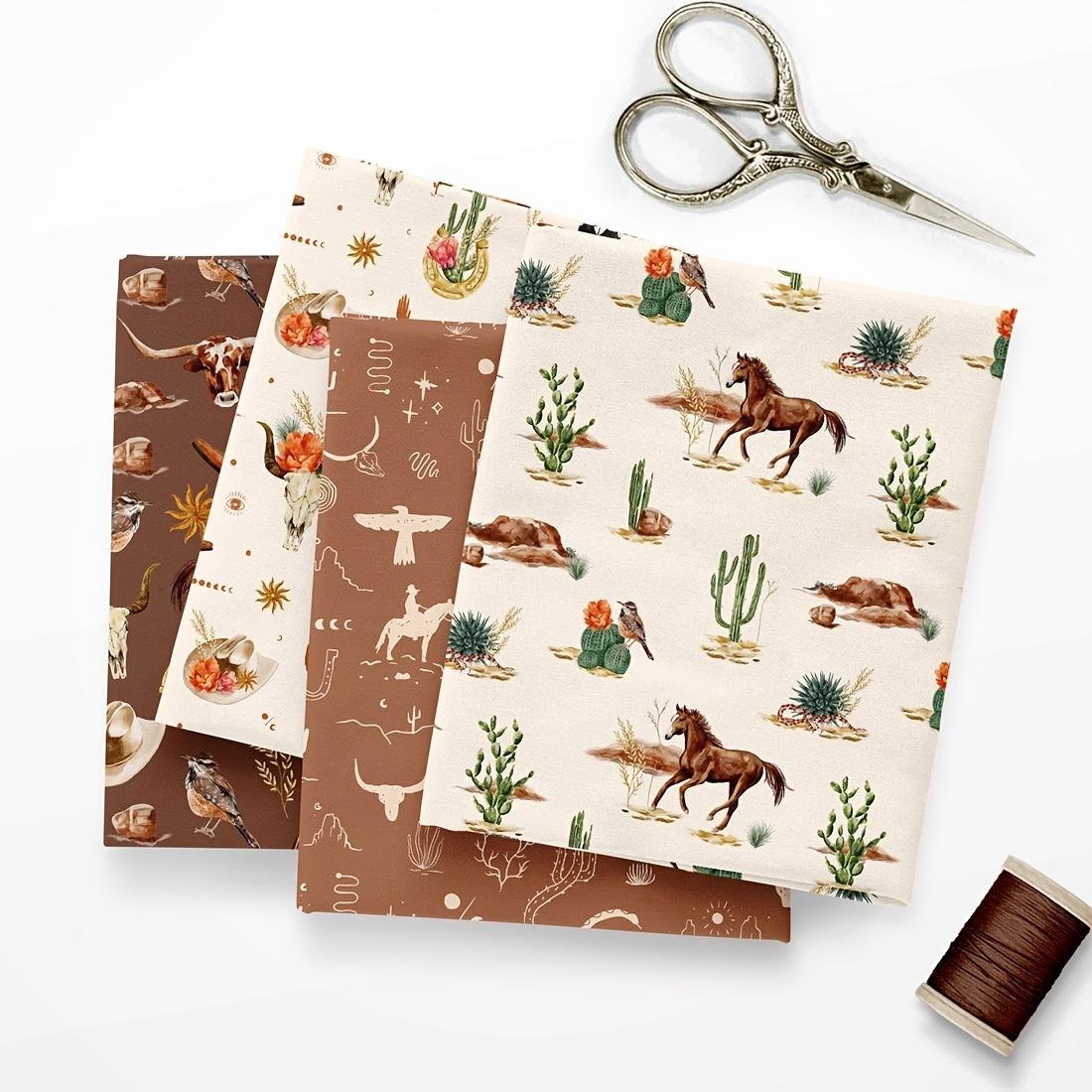 4-Piece Wild West Print Fabric Set - 18x22-inch (55x45 cm) pre-cut Durable Polyester fabric featuring horses, cacti, tropical plants, birds, flowers, and other Western-style elements - Ideal for DIY sewing, scrapbooking, tablecloths, and crafts