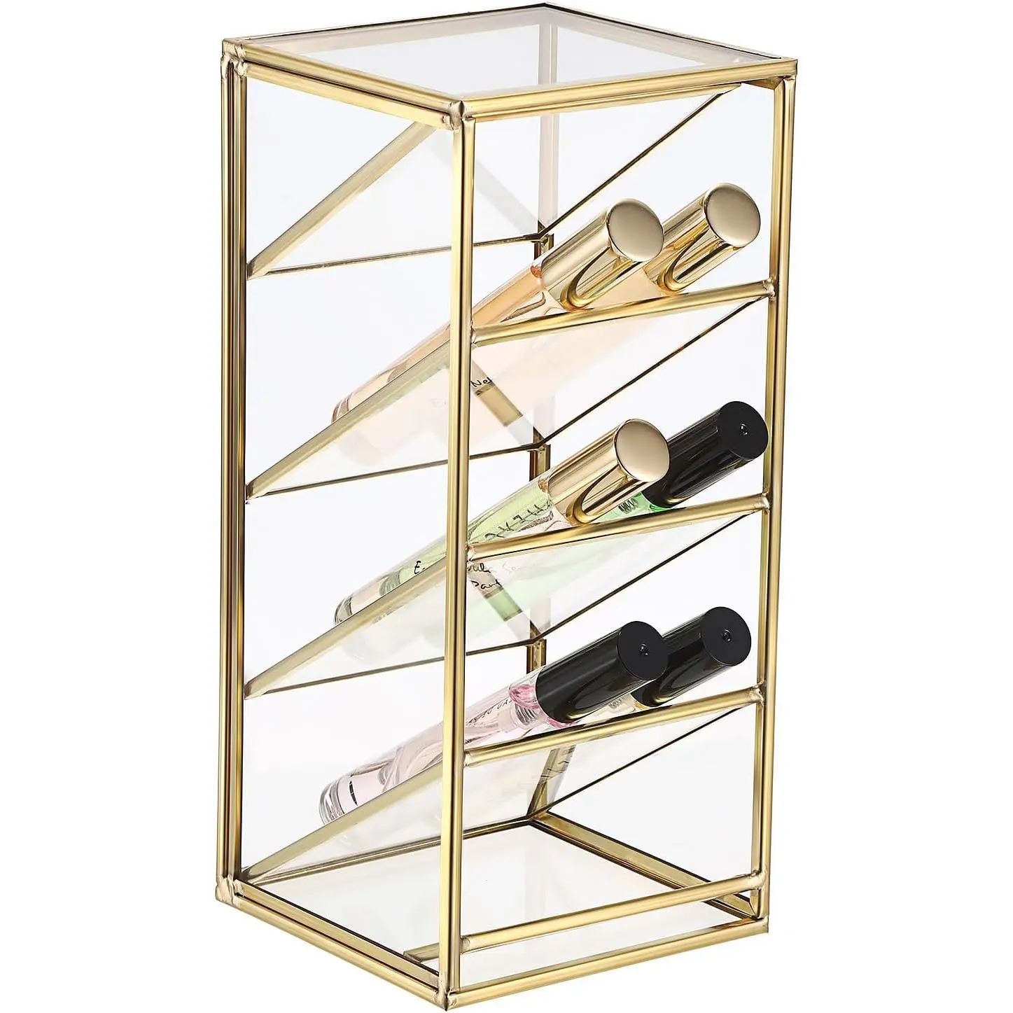 Rollerball Perfume Organizer, 4 Compartment Clear Glass Perfume Storage Holder  Beauty Scent Holder, Metal Makeup Lipgloss Lipstick Display Case