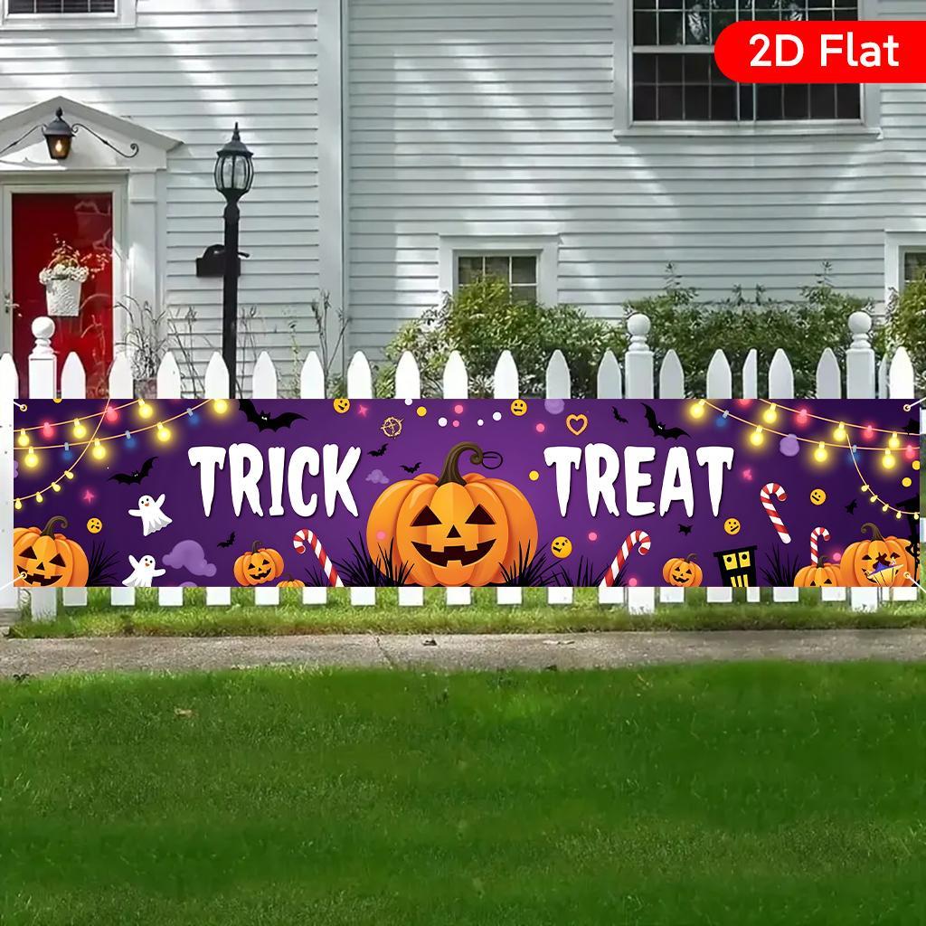 1Pcs 17.7x78.7IN 2D Flat Large Halloween Banner - Porch Fence Garden Yard Balcony Patio Door Backdrop - Durable Polyester with Pumpkin Bat Design - Indoor Outdoor Easy Hang Party Decor for Birthday Wedding Anniversary Fall