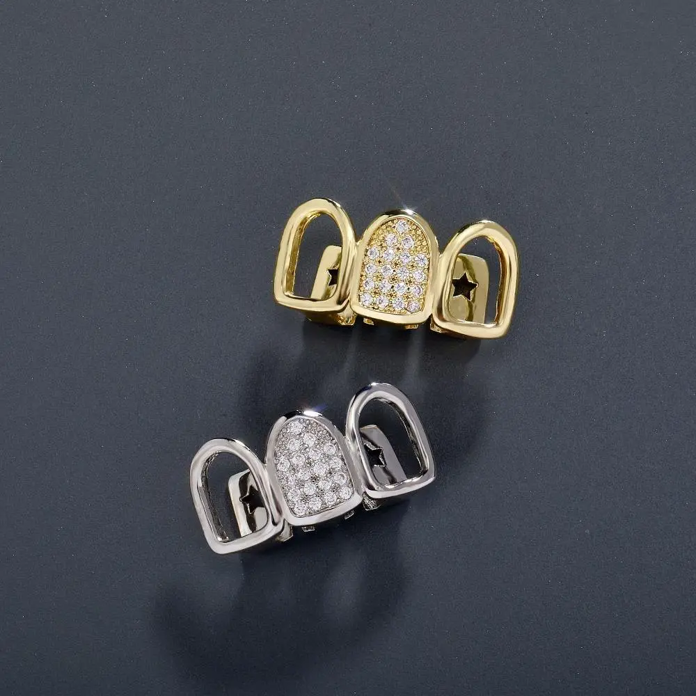 Hollow 3-Row Real Gold Plated Full Cubic Zirconia Grillz Teeth Caps, Unique Hip Hop Bling Teeth Jewelry, Versatile Halloween Party Cosplay Teeth Accessory