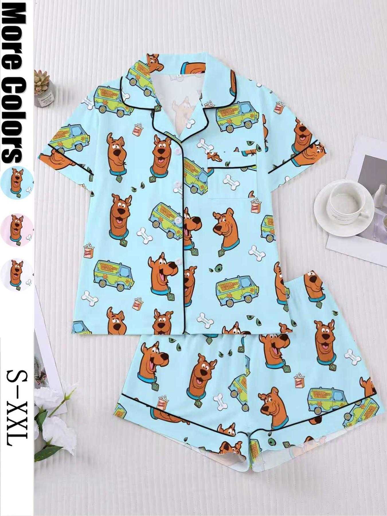 Women's Cartoon Pajama Set, Loungewear, Pyjamas, Pjs, Short Sleeve Button Front Top & Elastic Shorts, Elegant Fitted Sleepwear, Comfortable Homewear, Cartoon Pattern Pajamas