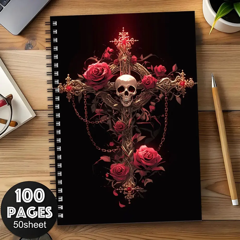 A5 Spiral Notebook 100 Pages 50 Sheets Gothic Cross Skull Red Rose Dark Art Journal Spooky Season Journaling Notebooks Scrapbooking Stationery School Supplies Halloween Gift for Gothic Lovers Teens Students Dark Aesthetic Fans