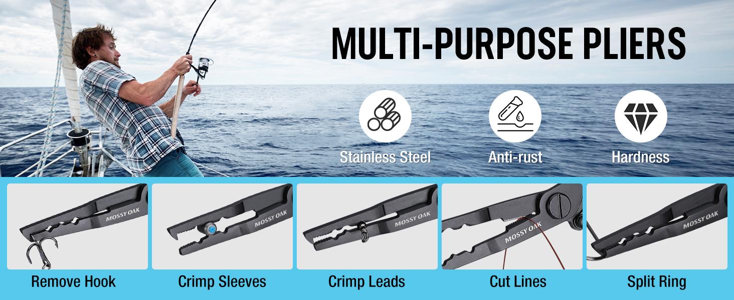 #JumpstartSale Mossy Oak Fishing Tools Kit - Plier, Fillet Knife, Lip Gripper, Hook Remover, Digital Scale, Line Snip, Fly Retractor, With Sheath Lanyard - Gifts for Men