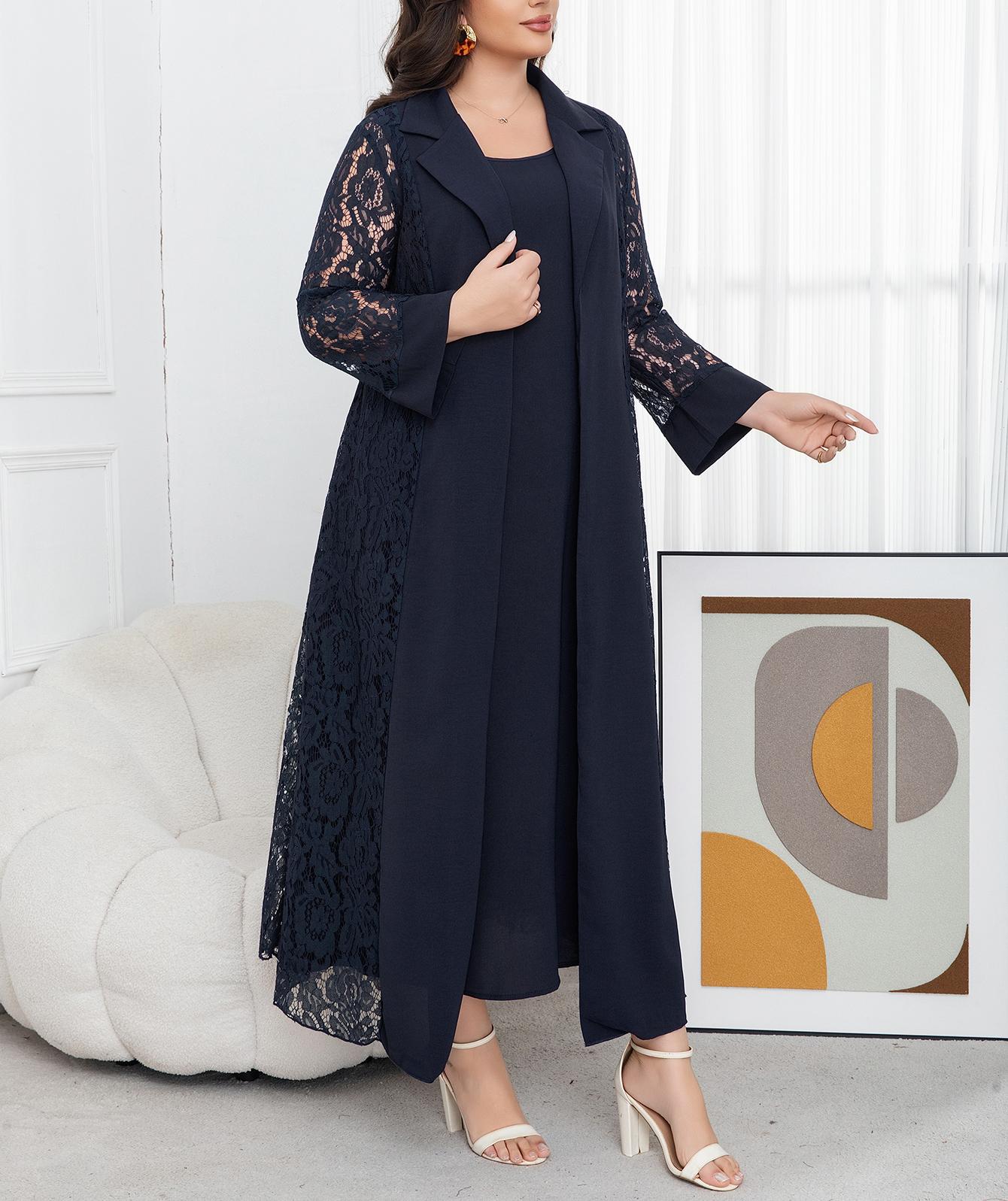 Plus Size Women's Navy Lace Two-Piece Set, Elegant Long Cardigan and Tank Dress, Slimming, Stylish and Chic, Perfect for Office and Dates