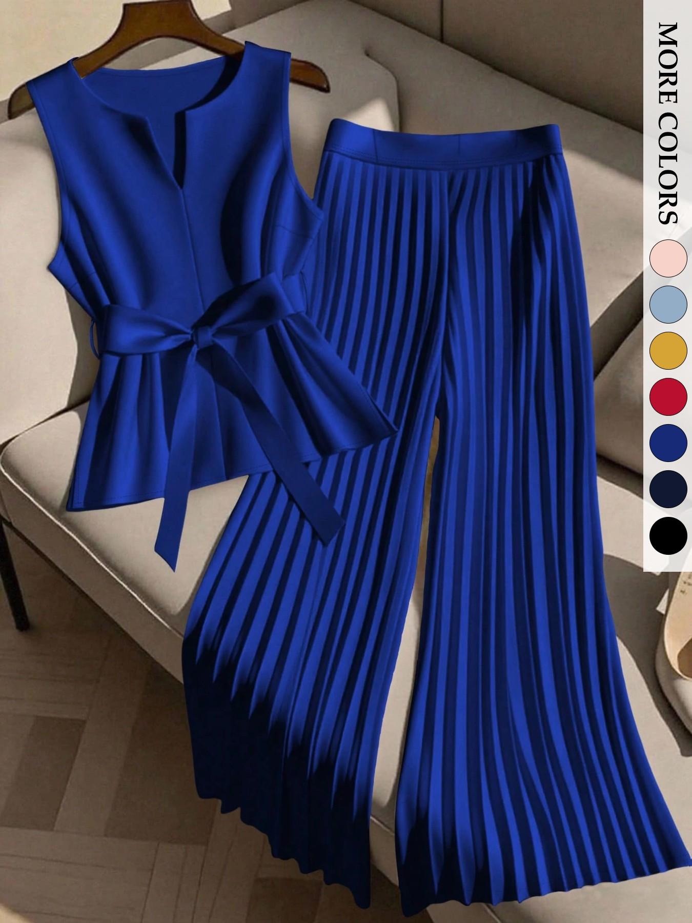 Women's Plus Size Trendy Chic 2 Piece Outfit, Clothes, Sleeveless Top & Pleated Wide Leg Pants Set, Tie Waist V-Neck Plisse Flowy Elegant Office Workwear