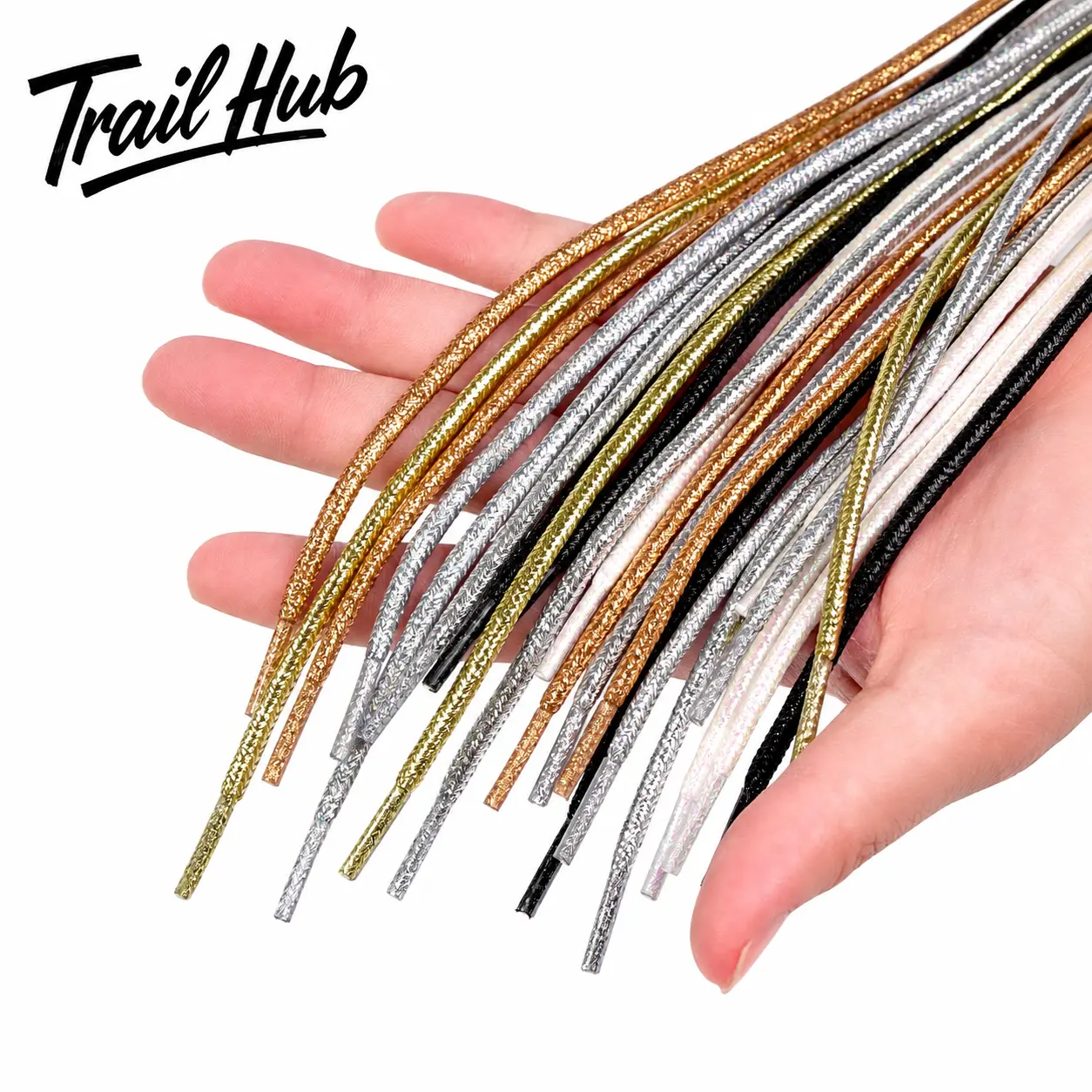 Premium Round Metallic-Thread Shoelaces - Gold, Silver Tone, Soft Silk-Blend Cord, Durable, Tangle-Free, Round Lacing, Universal Size, Universal Fit for Casual Wear Sneakers, Running Shoes, Minimalist White Footwear