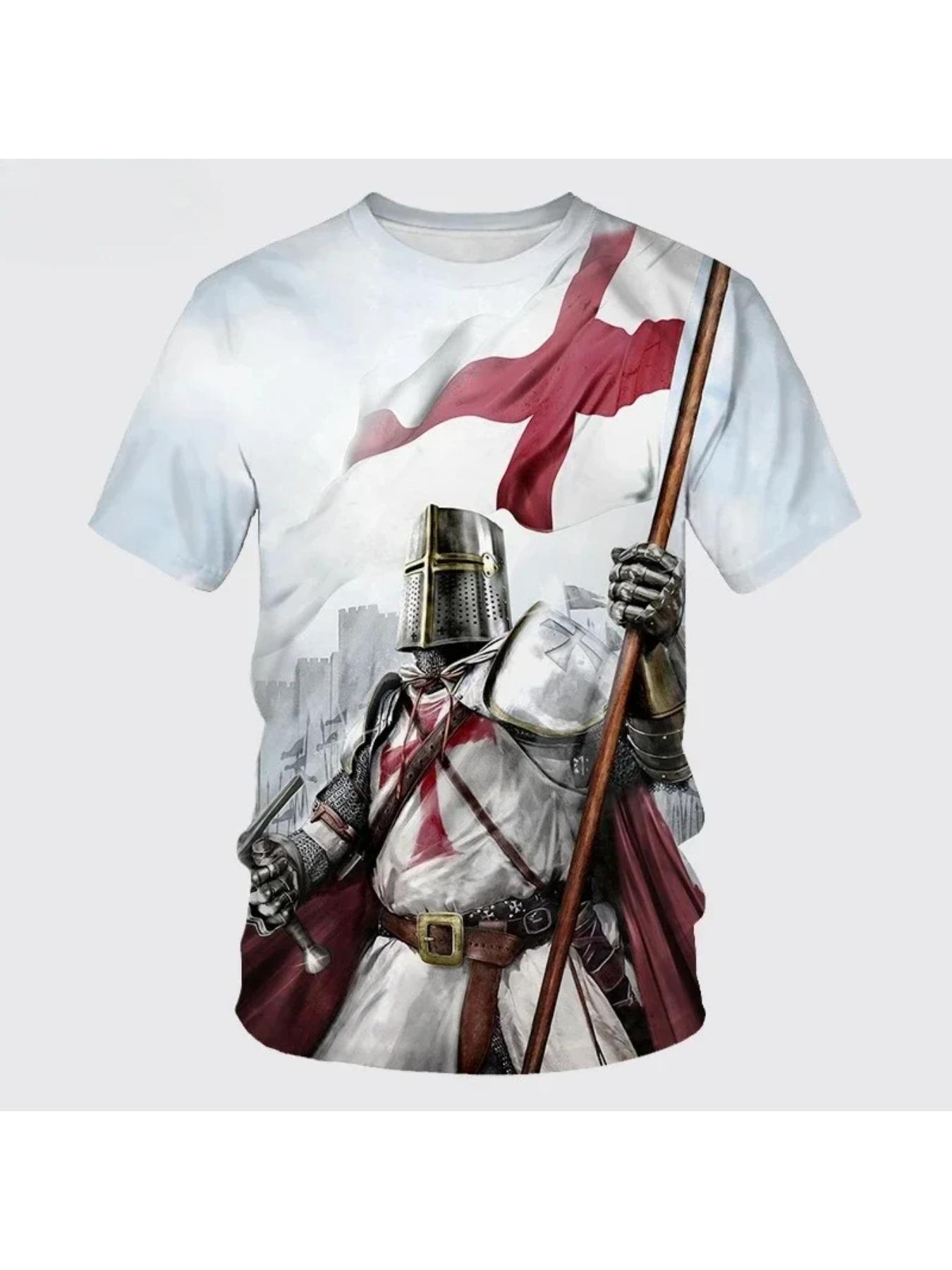 New 3D printed men's Templar knight summer outdoor sports breathable, casual street short-sleeved t-shirt top