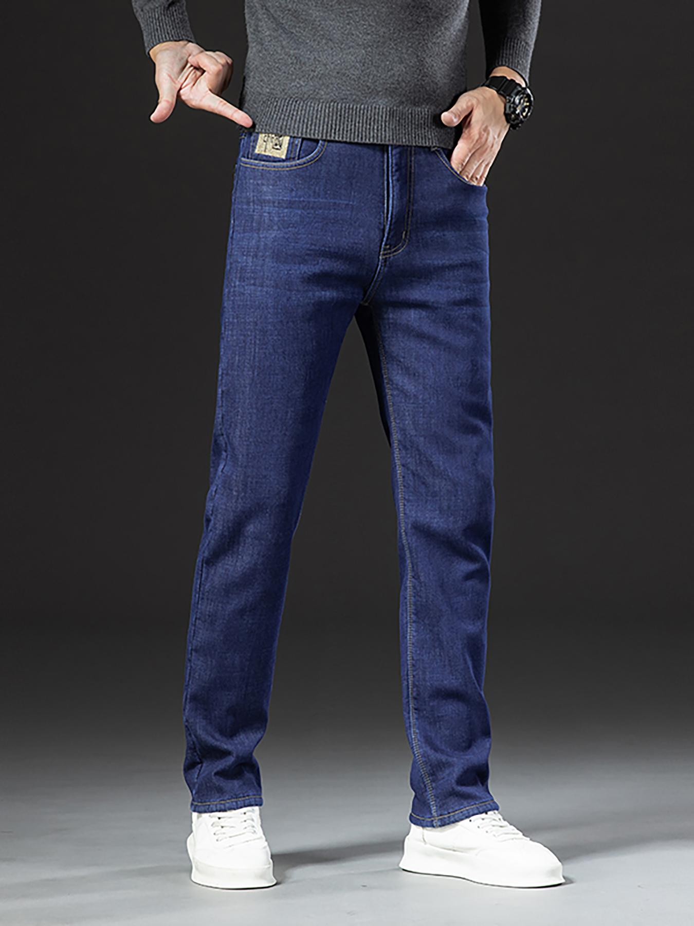 Men's Fleece-Lined Plain Denim Jeans, Winter Casual Friday Loose Straight-Leg Warm Pants, Thickened Thermal Comfortable Men's Clothing