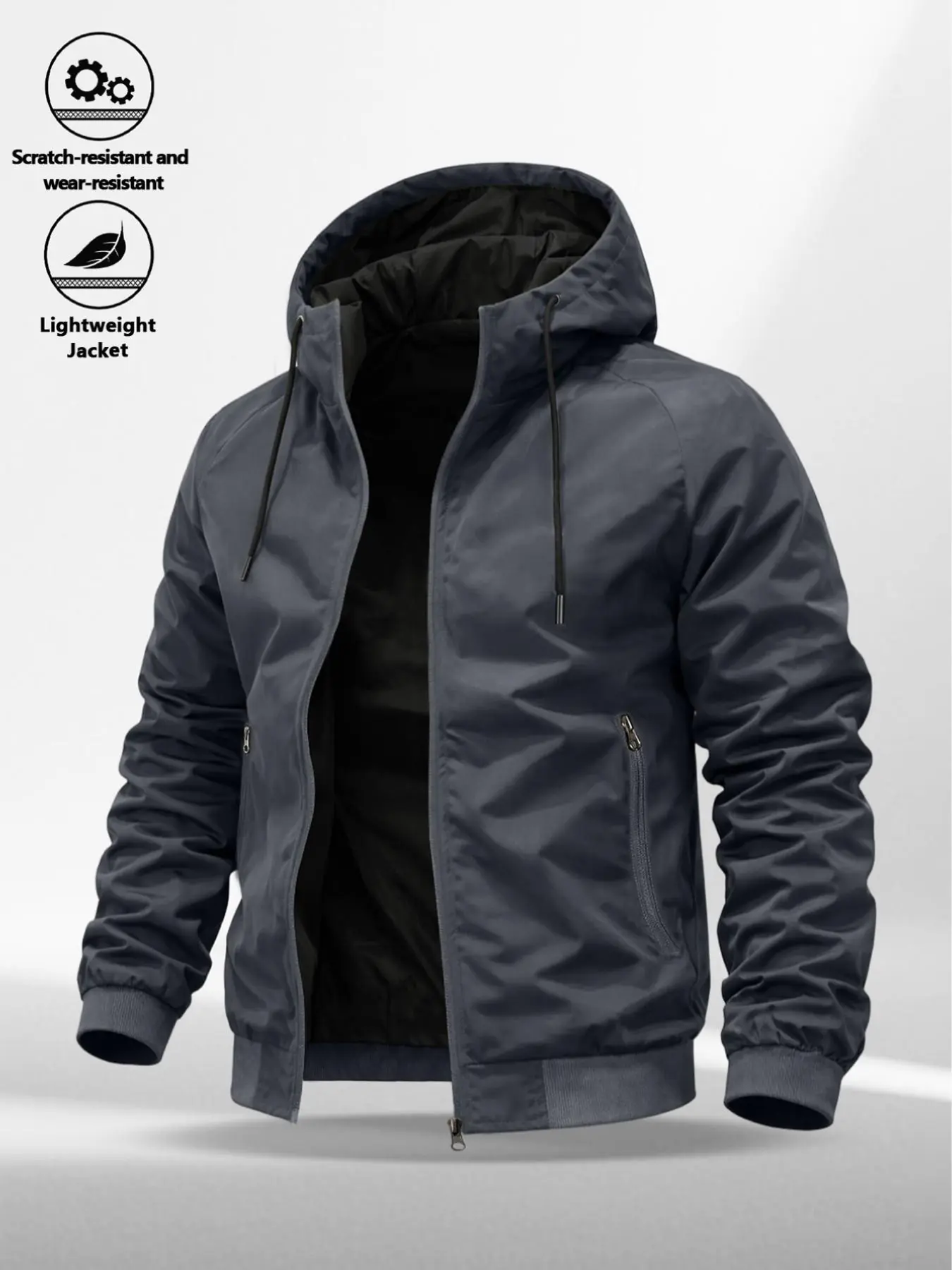 Men's Hooded Casual Jacket, Classic Plain Design, Adjustable Drawstring Hood, Zipper Closure, Side Pockets, Ribbed Hem, All Seasons