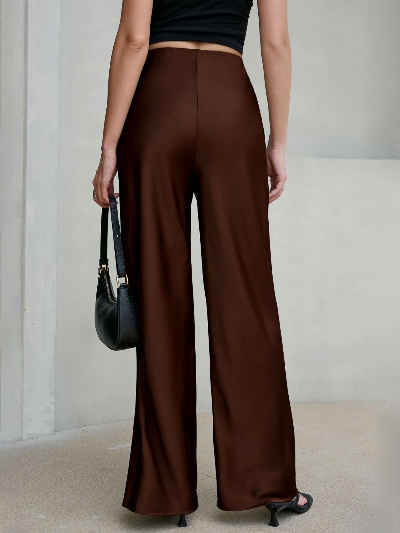 Elegant Acetate Satin Long Pants for Women, High-Waisted Straight Leg Wide Leg Trousers, Office Wear Outerwear, Premium Quality, Bottoms