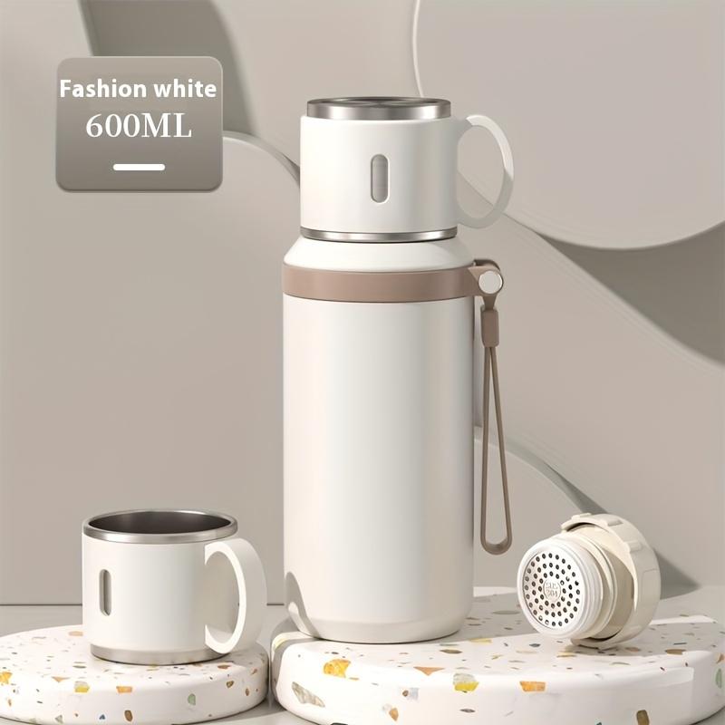 Stainless Steel Insulated Water Bottle 600ml/1L with Rope, Dual-Function Coffee Cup, Portable Outdoor Vacuum Insulated Flask for Camping, Cycling, Home & Office