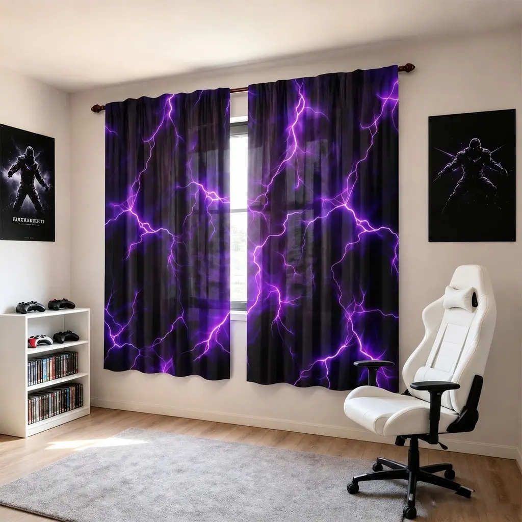 2-piece set of black purple lightning pattern curtains - machine washable semi transparent polyester fiber material, modern design, home decorator, Home Decorative Curtain, 2D flat, bedroom and living room curtains, kitchen curtains, Window Curtain