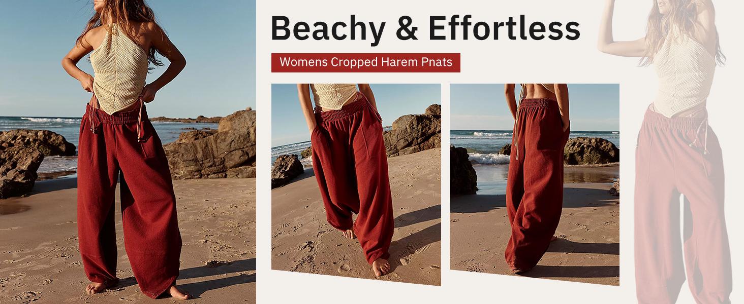 Tanming Womens Baggy Wide Leg Pants Relaxed Palazzo Harem Pants Elastic Waist with Pockets
