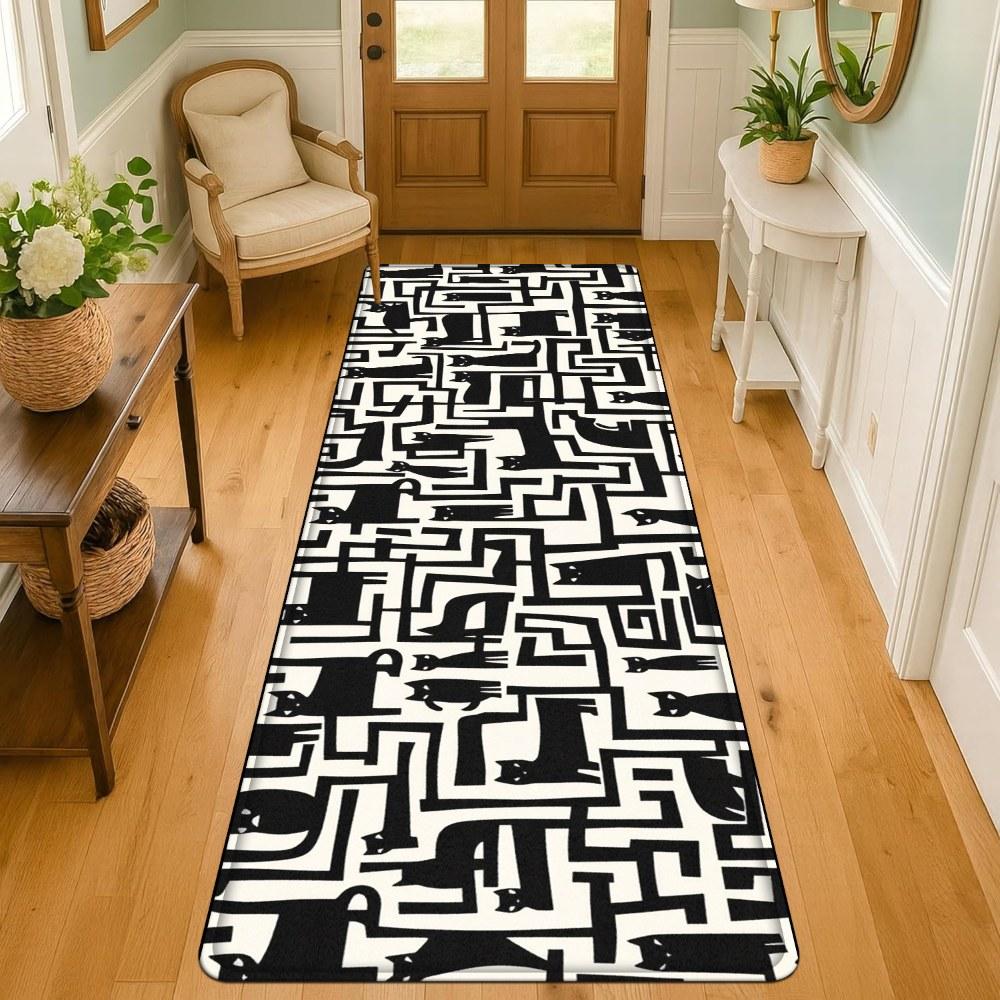 1PC， Black and White Geometric Maze Pattern strip rugs, home décor, bathroom mats, entryway mats, bathroom non-slip mats, indoor entrance rugs, bedroom bedside mats, kitchen mats, hallway rugs, flannel sponge rugs, hallway runner rugs